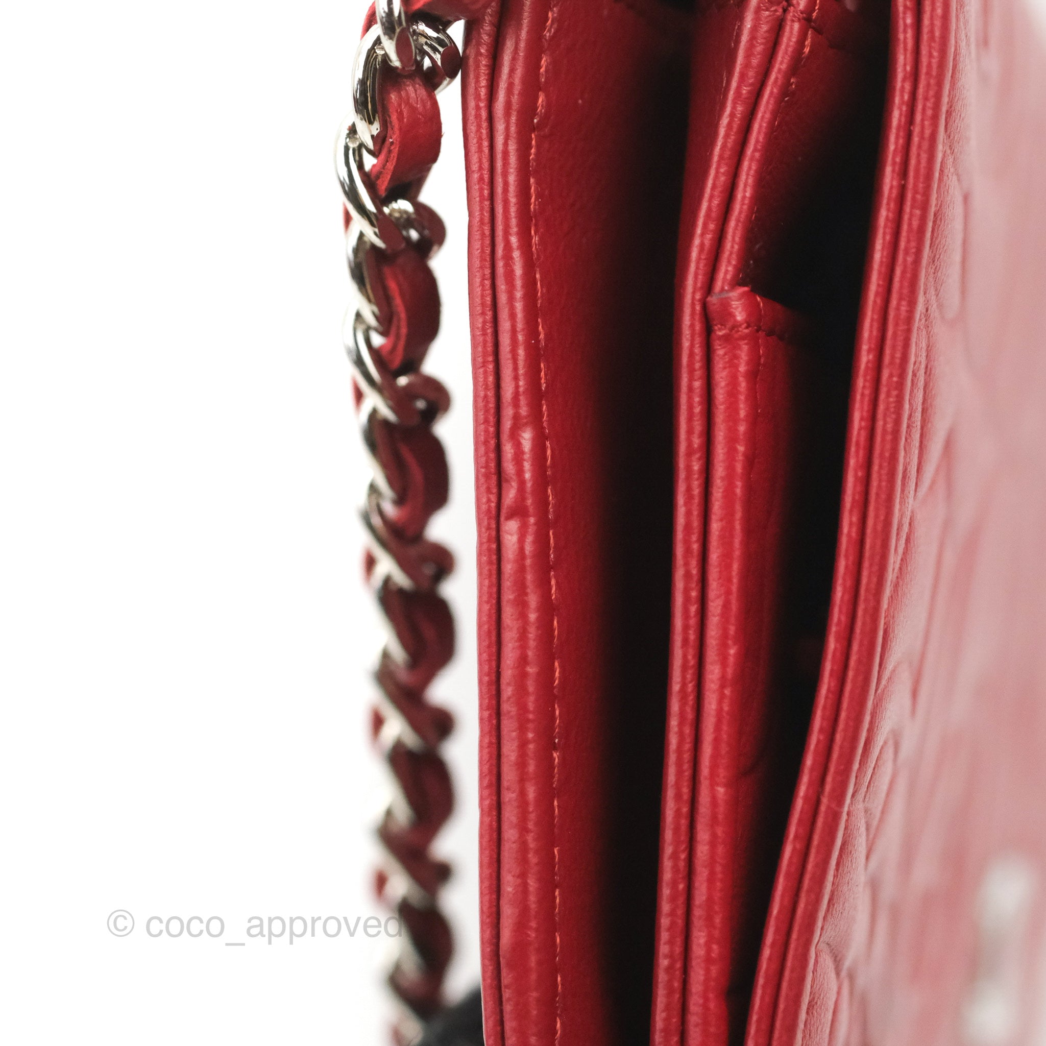 Chanel Camellia Embossed Wallet on Chain WOC in Red Lambskin with Silver Hardware - Luxury Crossbody Bag for Women, Perfect for Evening Events & Date Nights