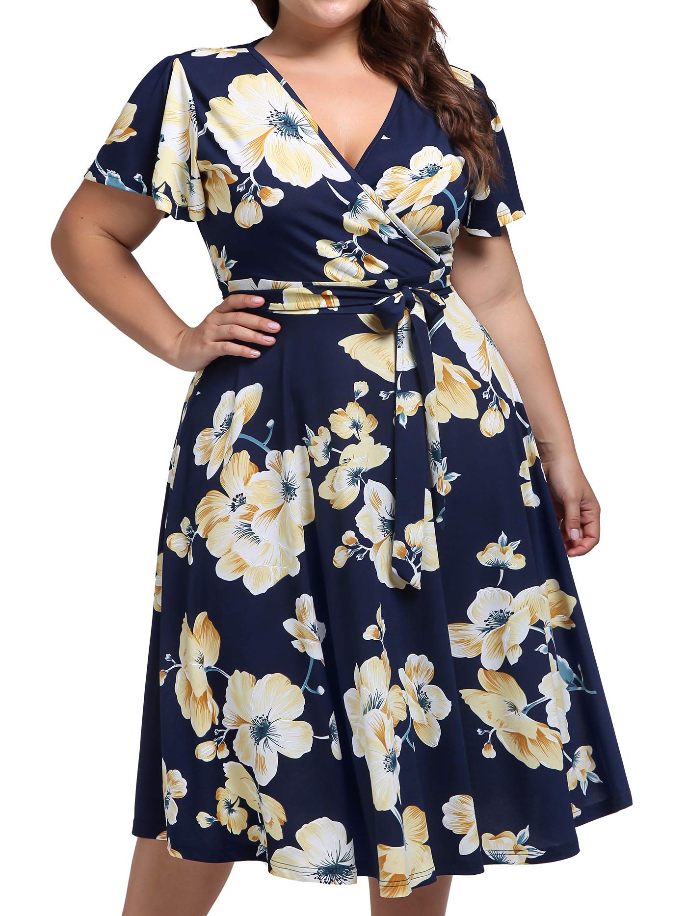 Kissmay Plus Size Women's Floral V-Neck Midi Dress with Pockets - Elegant Cocktail Party & Evening Wear for Special Occasions