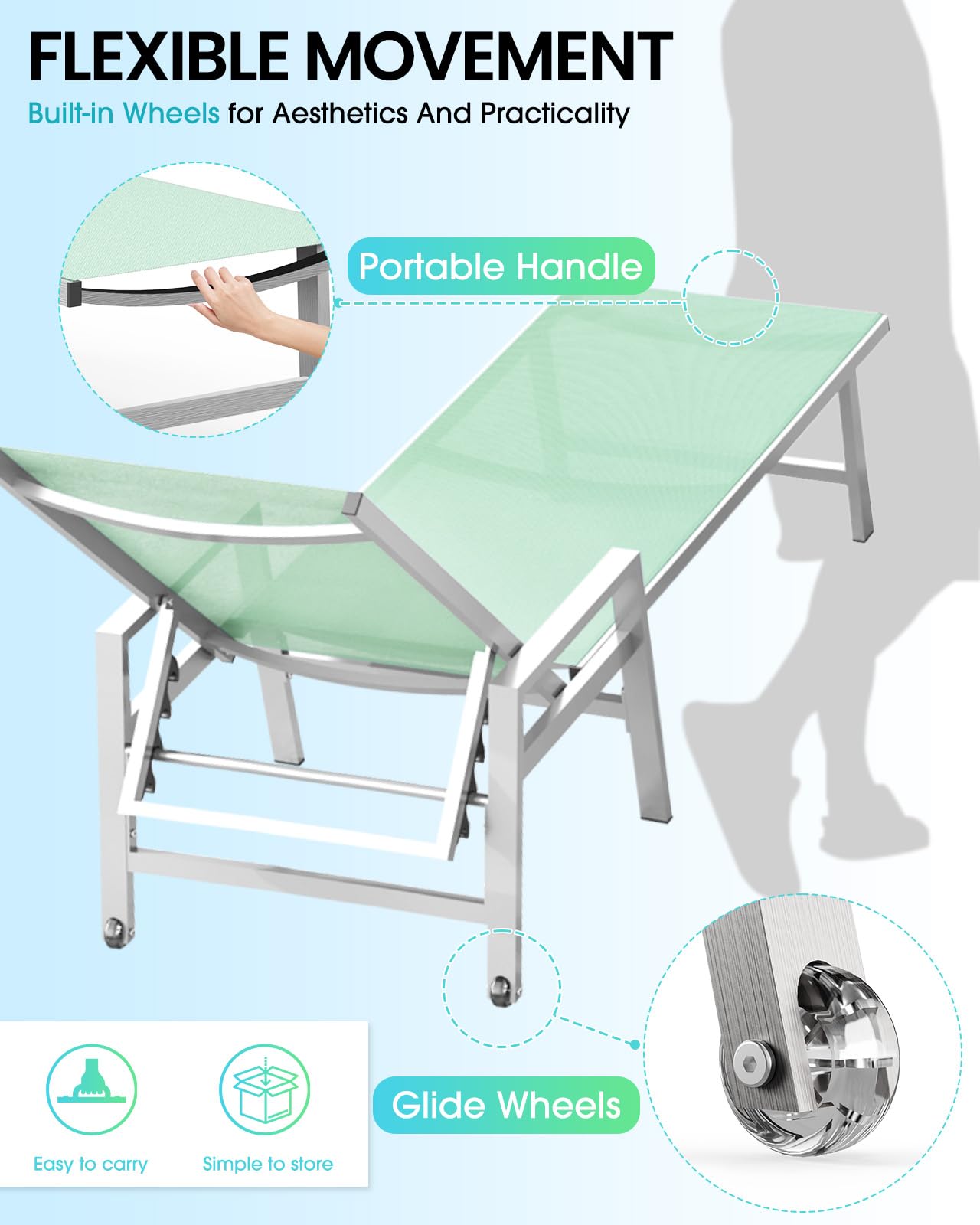 Premium Aluminum Adjustable Recliner Chaise Lounge Chairs Set of 2 - 5-Position Outdoor Poolside Lounge with Wheels & Armrests - Light Green Patio Furniture for Beach, Deck, Yard & Backyard Relaxation