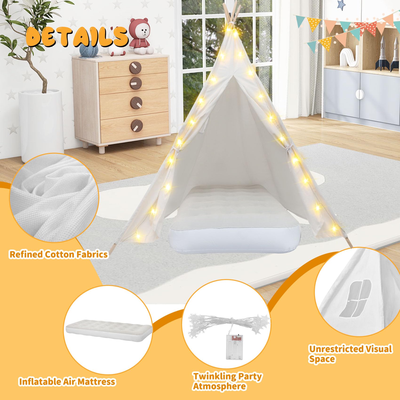6 Pack Kids Teepee Tent with Thickened Fabric, LED Light String & Inflatable Air Mattress - Indoor Outdoor Play Tent for Girls Boys Sleepovers, Birthday Parties & Camping Adventures (White)