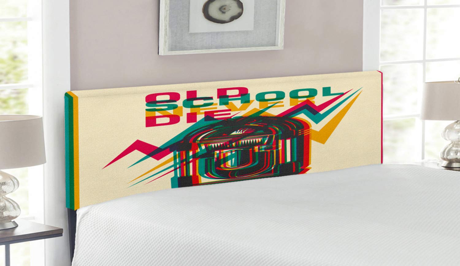Ambesonne Retro Jukebox Upholstered Headboard - Vintage Radio Design Queen Size Bed Frame with Memory Foam in Turquoise & Hot Pink | Perfect for Retro Bedroom Decor, Music Lover's Room & Vintage Style Home