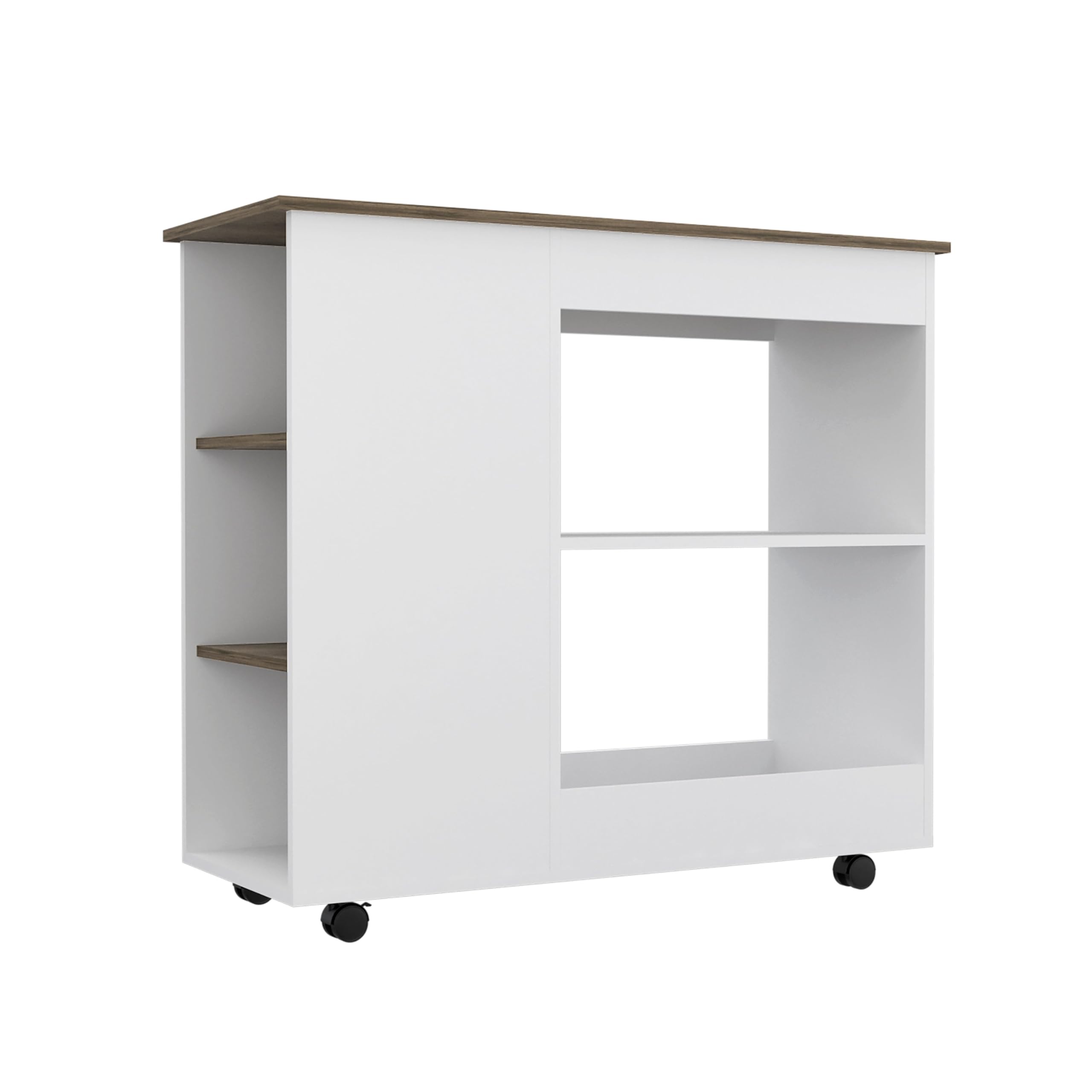 Tuhome Nigella Kitchen Cart with 2 Storage Shelves, 4 Casters & 3 Side Shelves - White/Dark Brown | Rolling Island for Small Kitchen, Dining Room or Bar Counter Organizer