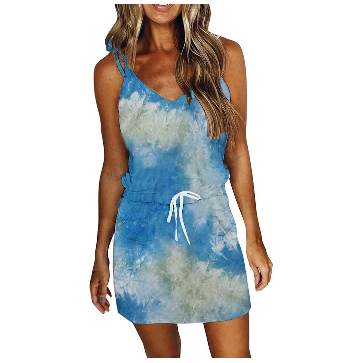 Shakumy Women's Summer Casual Sleeveless V-Neck Striped Spaghetti Strap Swing Mini Dress with Belt - Perfect for Beach, Vacation, and Date Night Outfits
