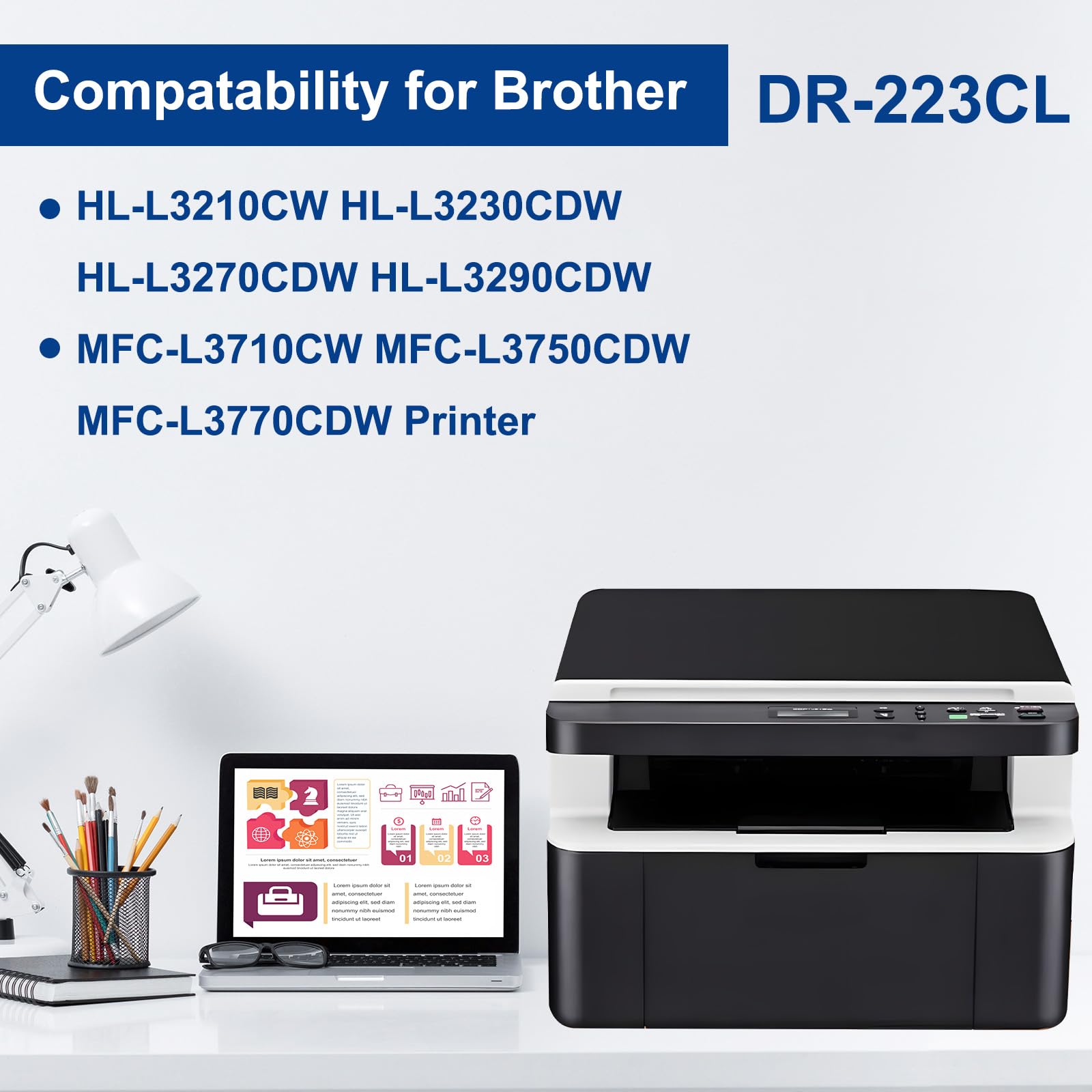 Brother DR223CL DR-223CL 4-Pack Imaging Drum Unit Replacement for HL-L3210CDW HL-L3270CDW HL-L3290CW MFC-L3770CDW MFC-L3750CDW Printers (Black/Cyan/Magenta/Yellow) - High-Quality Toner Replacement for Office & Home Printing Needs