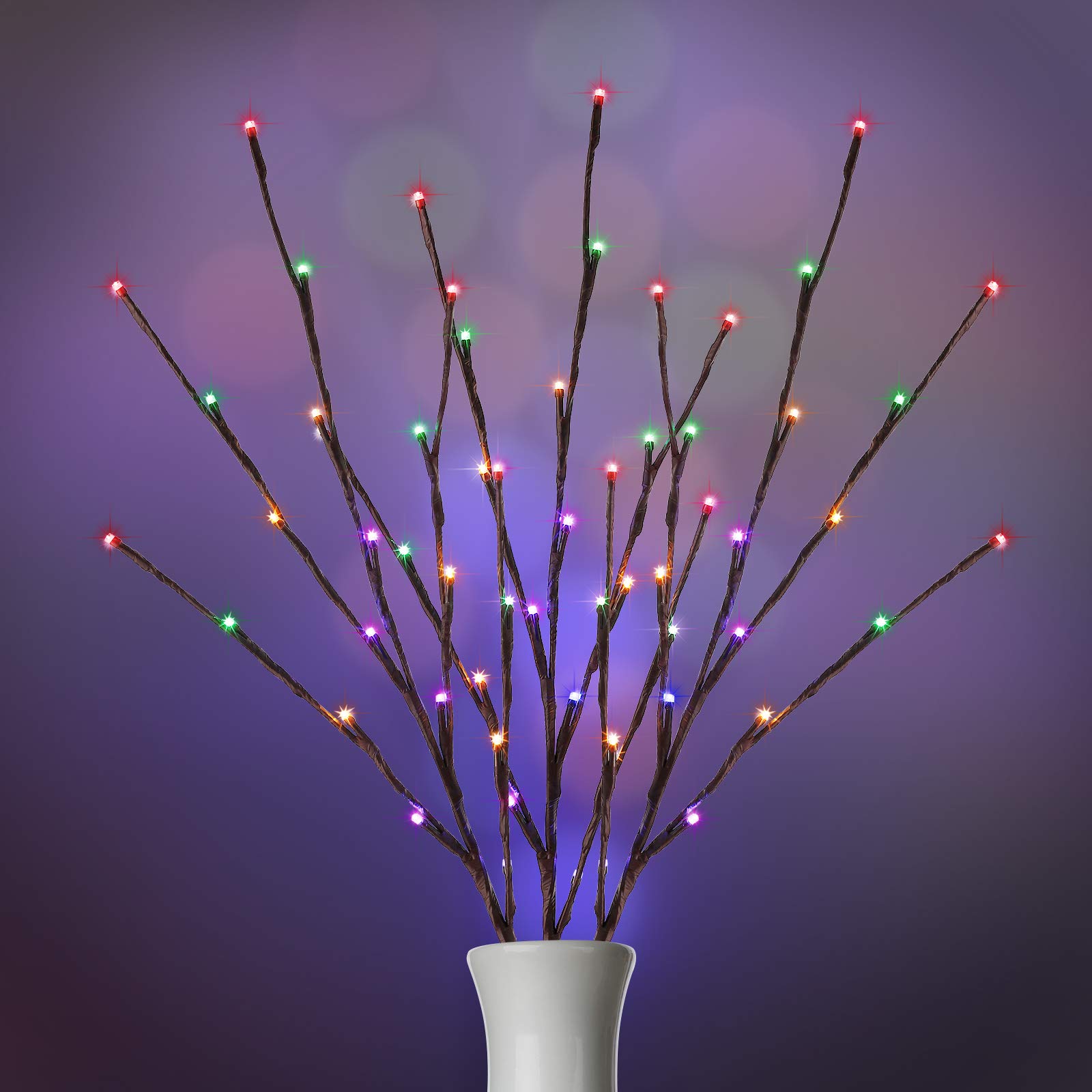 60 LED Christmas Twig Lights - 3 Pack 24Inch Bendable Fairy Branch Lights with Stakes for Vases, Indoor & Outdoor Holiday Decor (Multicolor) | Perfect for Xmas Tree, Pathway, Party & Home Decoration