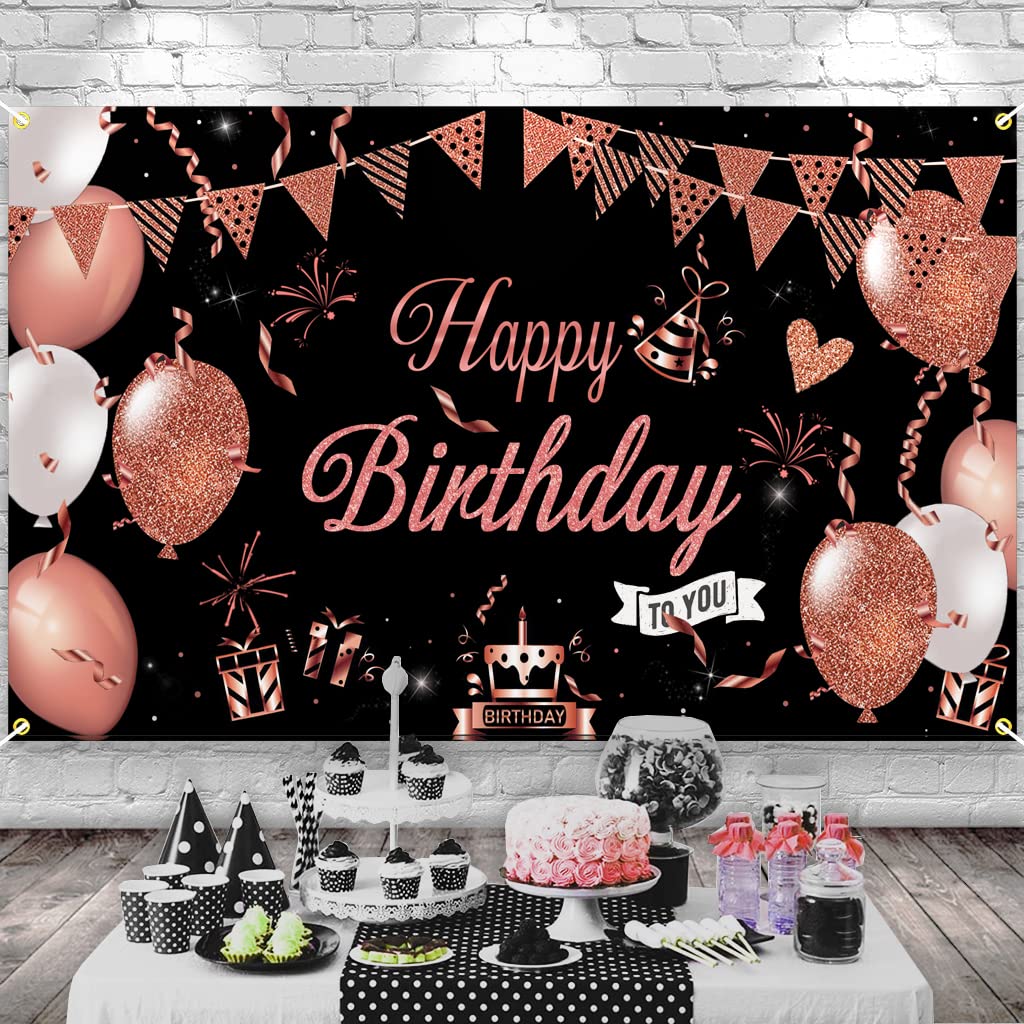 KOKAR Large Black & Rose Gold Happy Birthday Banner - Elegant Birthday Party Decorations for Girls & Women | Perfect for Birthday Backdrops, Wall Decor & Party Photo Booths