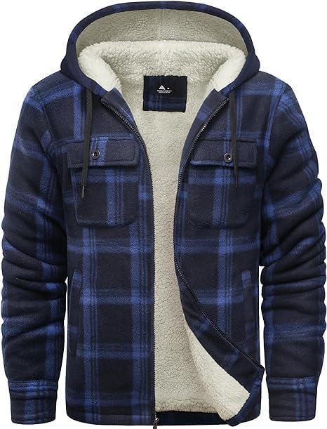 Men's Flannel Hooded Jacket - Fleece Sherpa Lined Plaid Zip Up Sweatshirt with 4 Pockets | Warm Winter Outdoor Wear for Hiking, Camping & Casual Style
