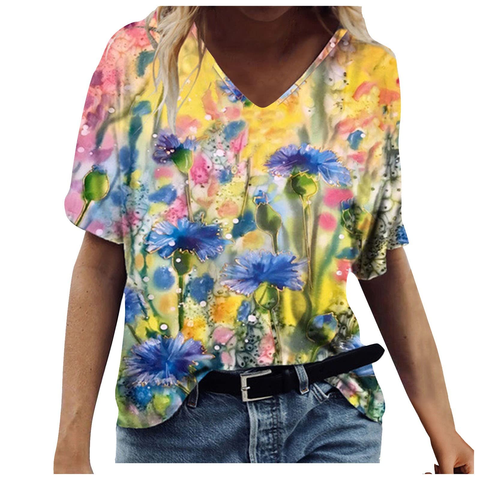 Women's Summer V-Neck Short Sleeve T-Shirt - Cute Printed Graphic Tee, Loose Fit Casual Blouse Top | Perfect for Beach Outings, Weekend Wear & Summer Fashion