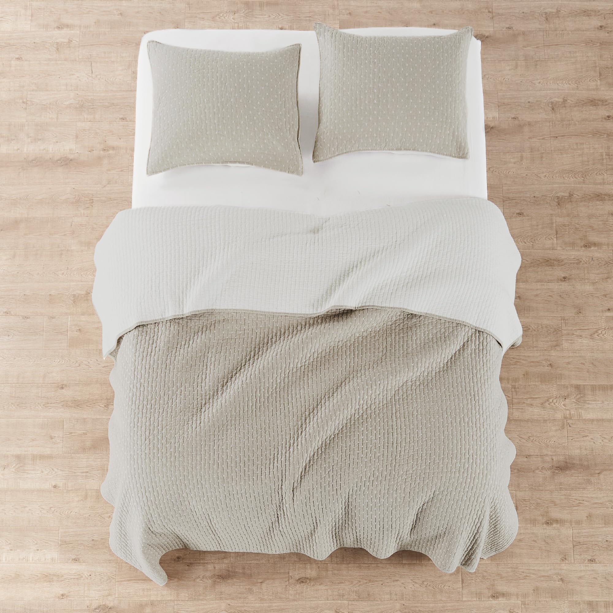 Levtex Home King Size Taupe Cross Stitch Quilted Bedspread Set with 2 Shams - 120x104 Inch Bedspread & 20x36 Inch Shams - Soft Cotton Bedding for Cozy Bedroom Decor - Perfect for Master Bedrooms, Guest Rooms & Farmhouse Style Homes