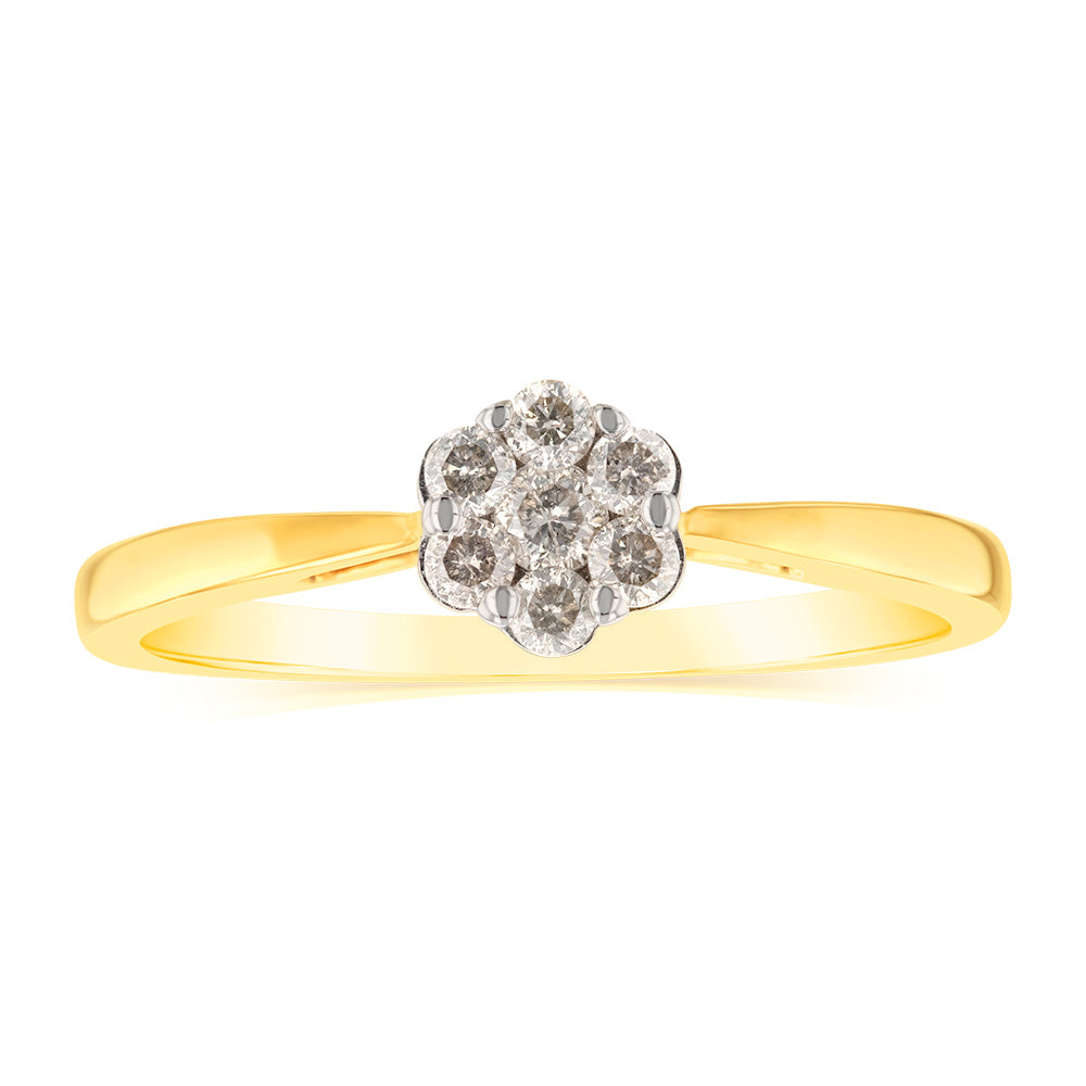 9ct Yellow Gold 1/5 Carat Diamond Flower Ring - Elegant Floral Jewelry for Women, Perfect for Weddings, Anniversaries & Special Occasions