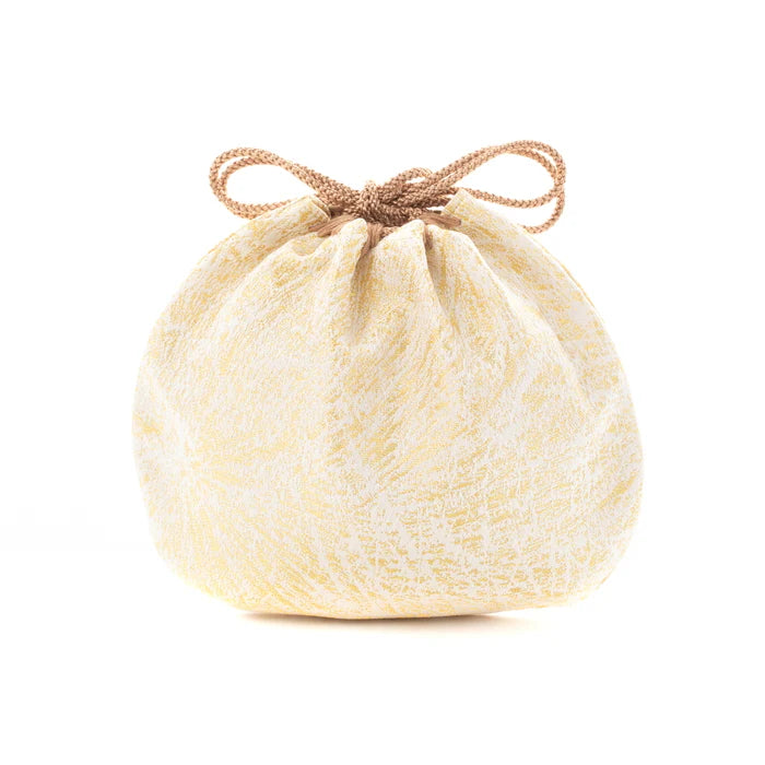 Nishijin Ori Small Drawstring Bag - Crumpled Gold & White Pattern - Handmade Kyoto Japan - Traditional Japanese Craft Purse for Coins, Jewelry & Gift Giving