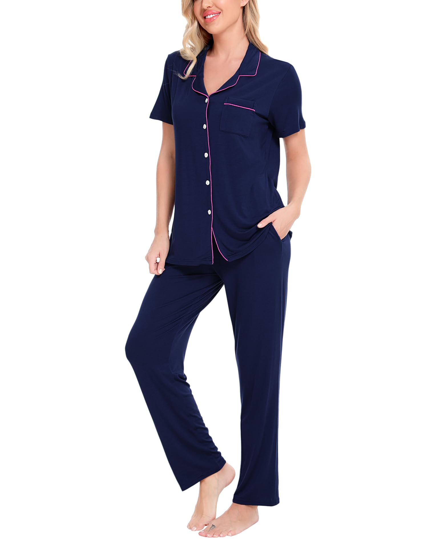 SWOMOG Women's 2-Piece Pajama Set - Soft Short Sleeve Button Down Sleepwear with Comfortable Long Pants for Lounge, Sleep & Relaxation at Home