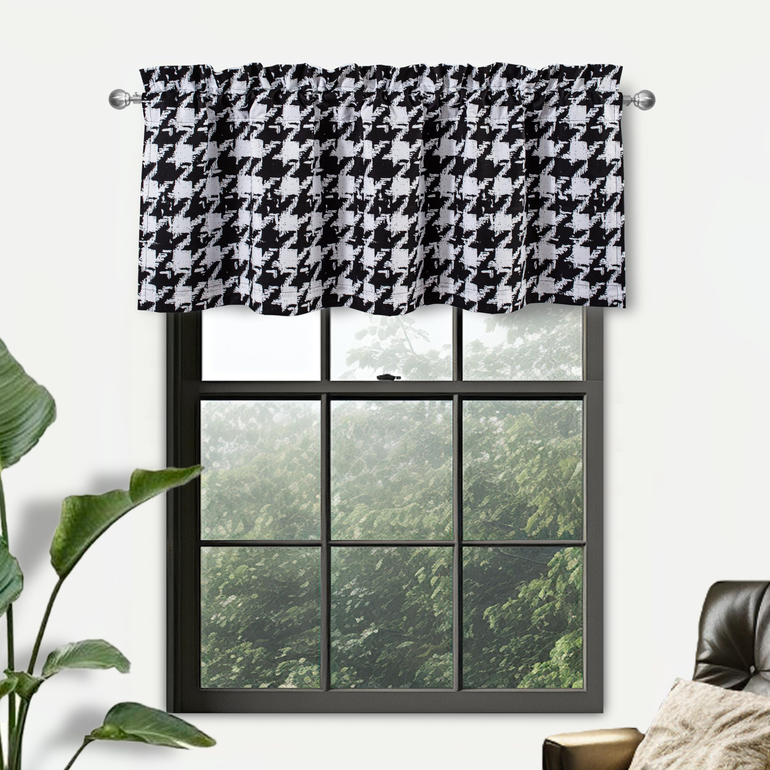 DriftAway Black & White Houndstooth Check Plaid Window Valances - Farmhouse Vintage Gingham Rod Pocket Kitchen Curtains - Perfect for Living Room, Café & Country Style Home Decor (1 Panel)