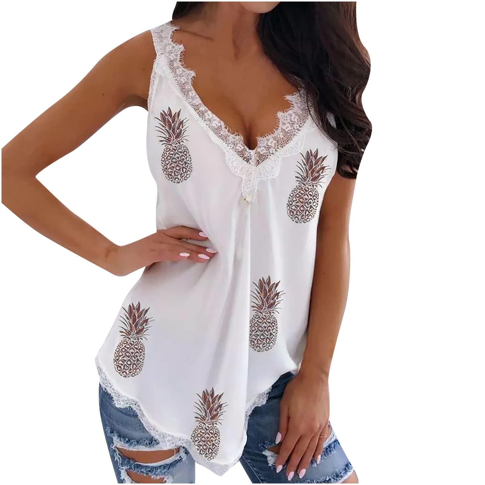 Women's Floral Print V-Neck Lace Trim Tank Top - Casual Sleeveless Camisole for Summer, Beach, and Layering