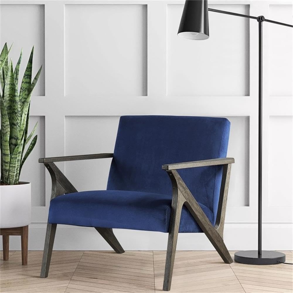 Pemberly Row 16'' Mid-Century Modern Accent Chair - Navy Blue Velvet Upholstery with Wooden Legs | Perfect for Living Room, Bedroom, or Office Decor