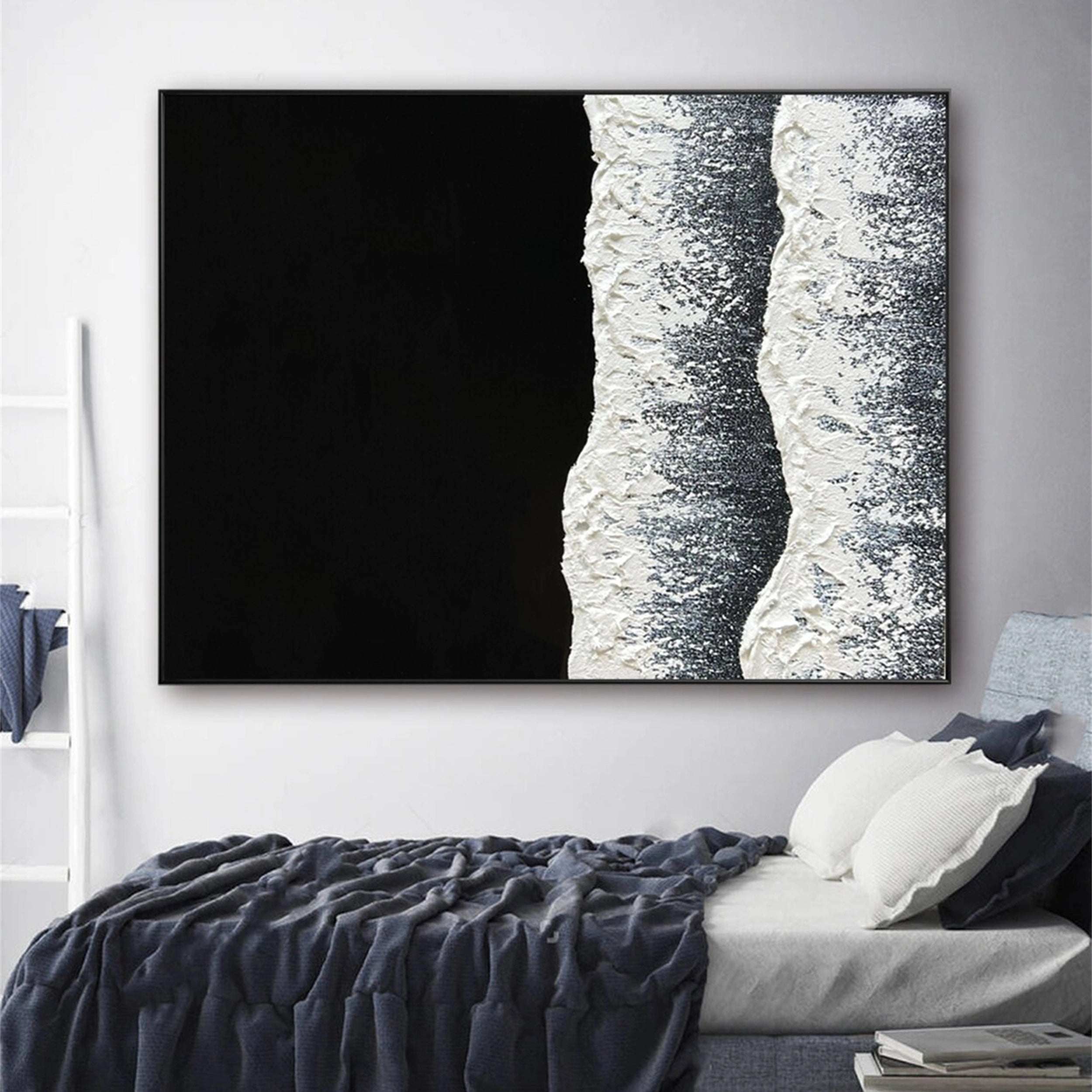 Black and White Textured Minimalist Wall Art Print #MZ057 - Modern Abstract Canvas Painting for Living Room, Bedroom & Office Decor