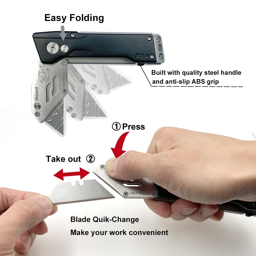 Maerd Heavy Duty Folding Utility Knife - Quick Change Box Cutter with Frame Lock & Blade Storage | Includes 25 Extra Blades | EDC Razor Carpet Work Knife with Belt Clip (Black) | Perfect for Warehouse, Construction, DIY Projects & Outdoor Activities