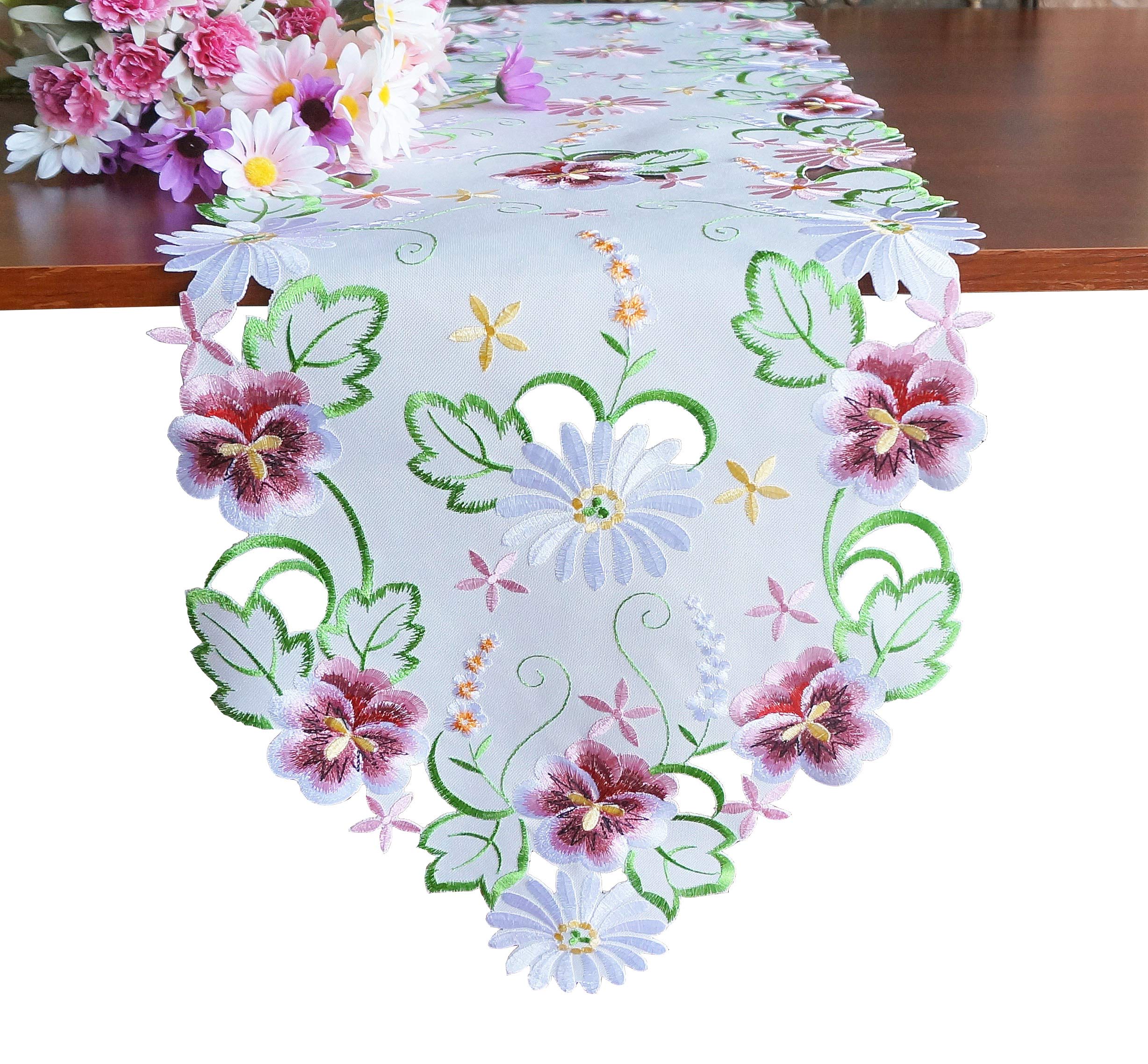 13×54 Inch White Embroidered Cutwork Floral Table Runner - Spring Flower Design for Dining Room, Kitchen, Dresser & Easter Decor - Elegant Home Tabletop Decoration