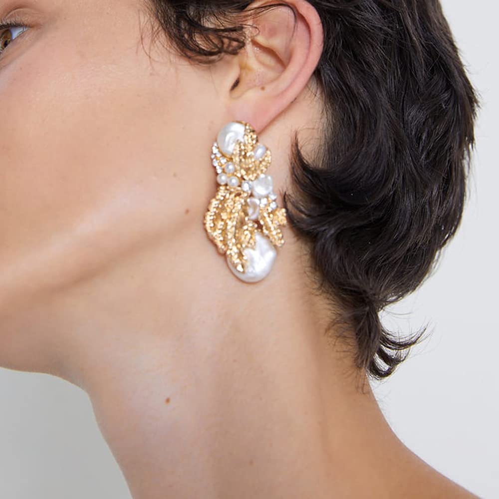 Wiwpar Gold Geometric Pearl Drop Statement Earrings for Women - Elegant Rhinestone Dangle Earrings for Parties, Weddings & Special Occasions