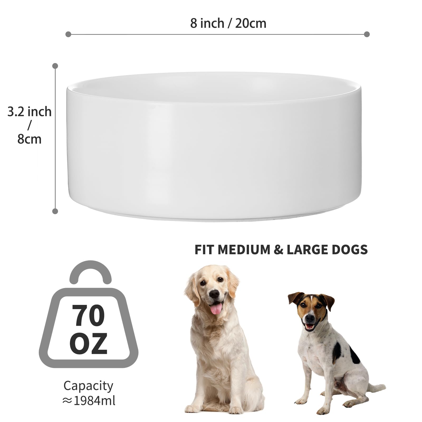 8'' Ceramic Dog Bowl - 70Oz Heavy-Duty Non-Slip Pet Food & Water Dish for Medium & Large Dogs, Food Grade Stoneware, Dishwasher & Microwave Safe - Perfect for Home, Kitchen, or Outdoor Use - White