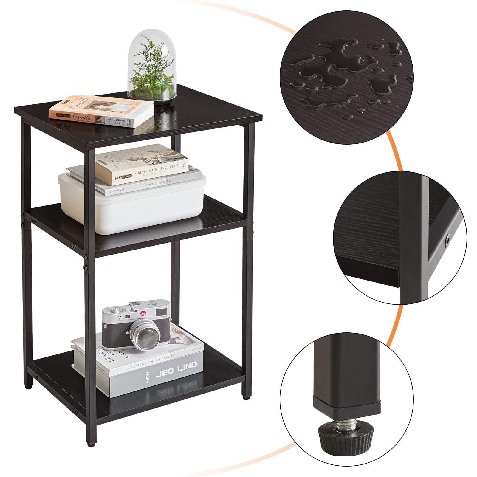 IBUYKE 3-Tier Industrial Side Table with Storage Shelf - Small End Table Nightstand for Bedroom, Living Room, Hallway - Black (UTMJ402B) | Perfect for Compact Spaces, Coffee Table Alternative & Bedside Organizer