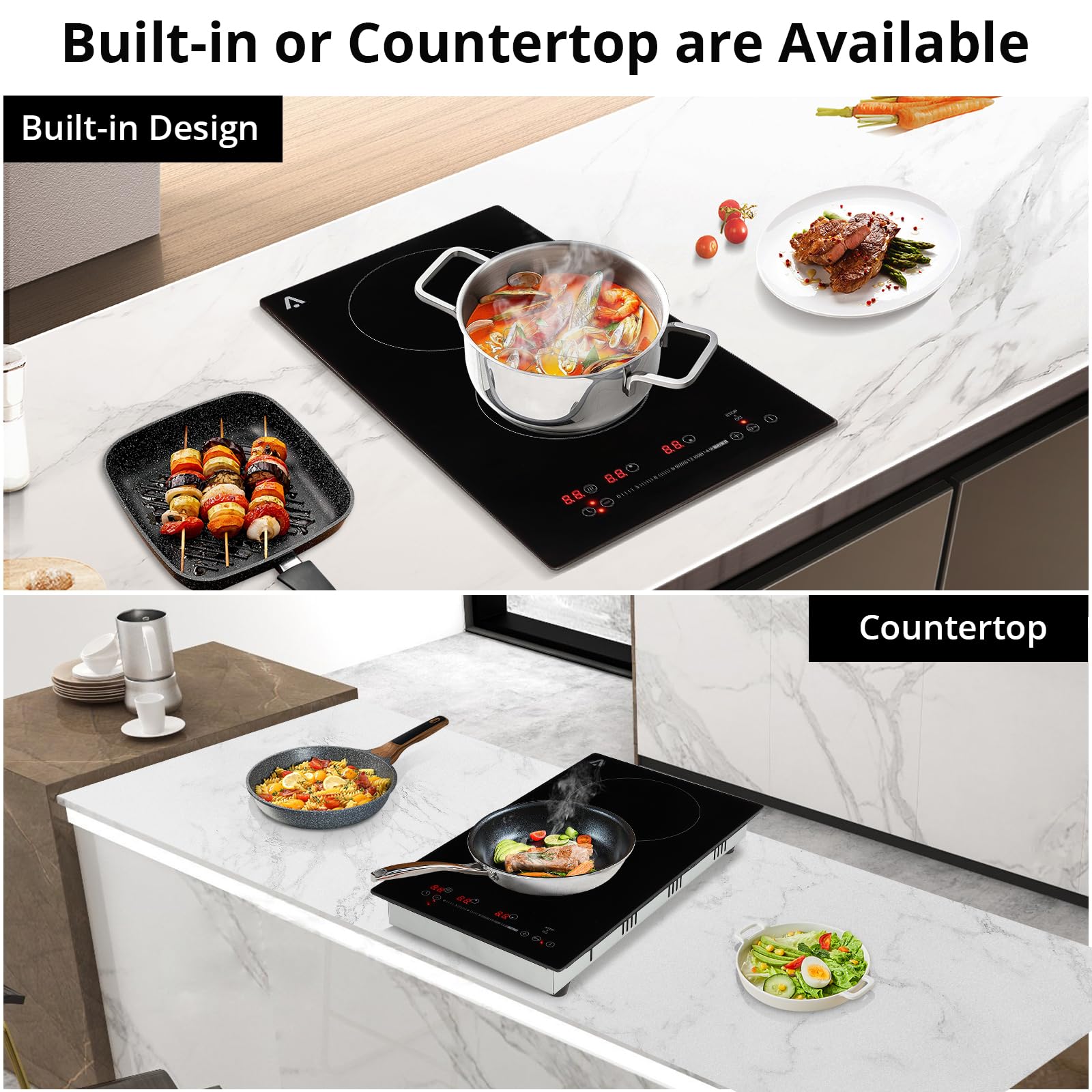 GARVEE 2 Burner Electric Cooktop 1800W Built-In Stove Top with Ceramic Glass Surface, Child Safety Lock & Timer - 11.6 Inch, 120V Black - Perfect for Small Kitchens, Apartments & RVs