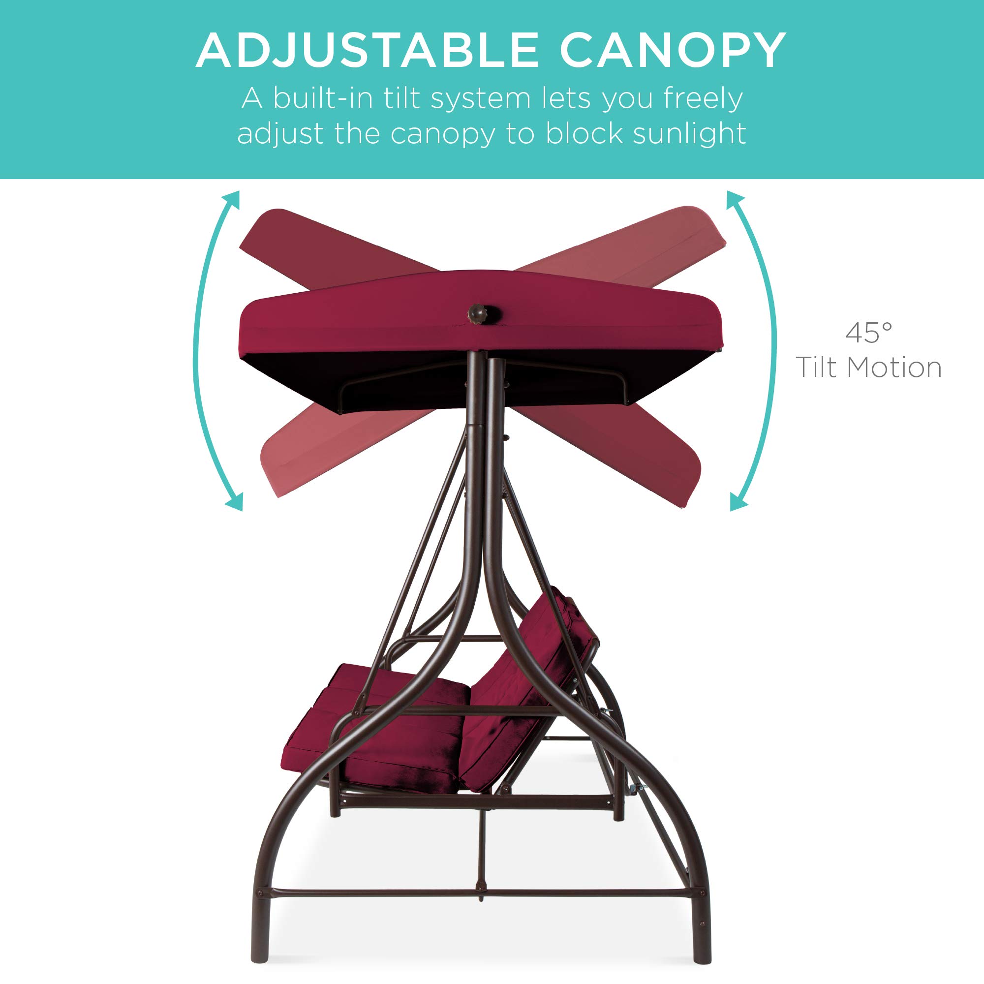 Best Choice Products 3-Seat Outdoor Canopy Swing Glider with Adjustable Shade - Patio Hammock Lounge Chair for Porch, Backyard, Garden w/ Removable Cushions & Flatbed - Burgundy Red - Perfect for Relaxing, Lounging and Outdoor Entertaining