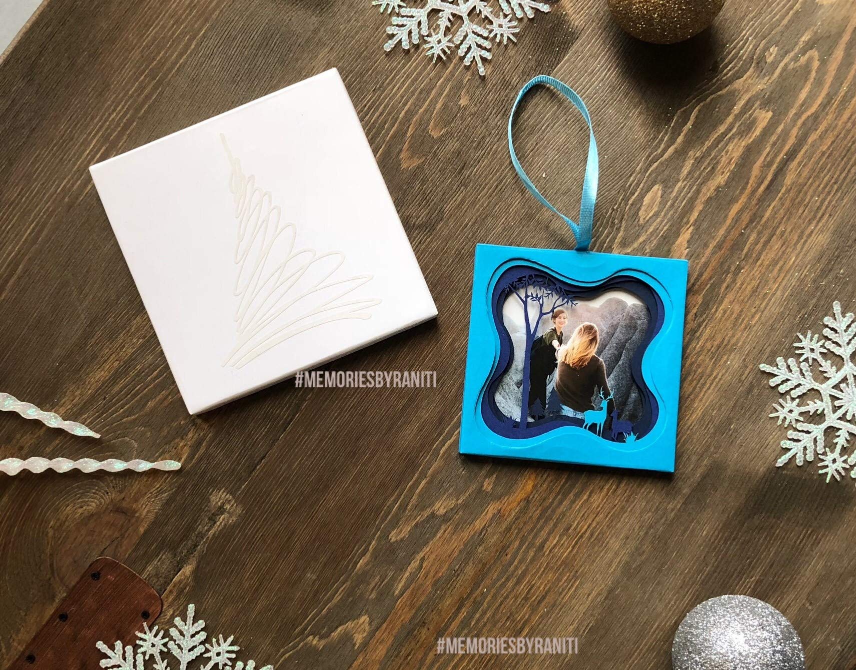 Unique Holiday Photo Ornament - Layered Shadow Box Christmas Tree Decor (Blue) | The Woods Series SHD1 | Perfect for Christmas Gifts, Home Decor & Memory Keepsakes