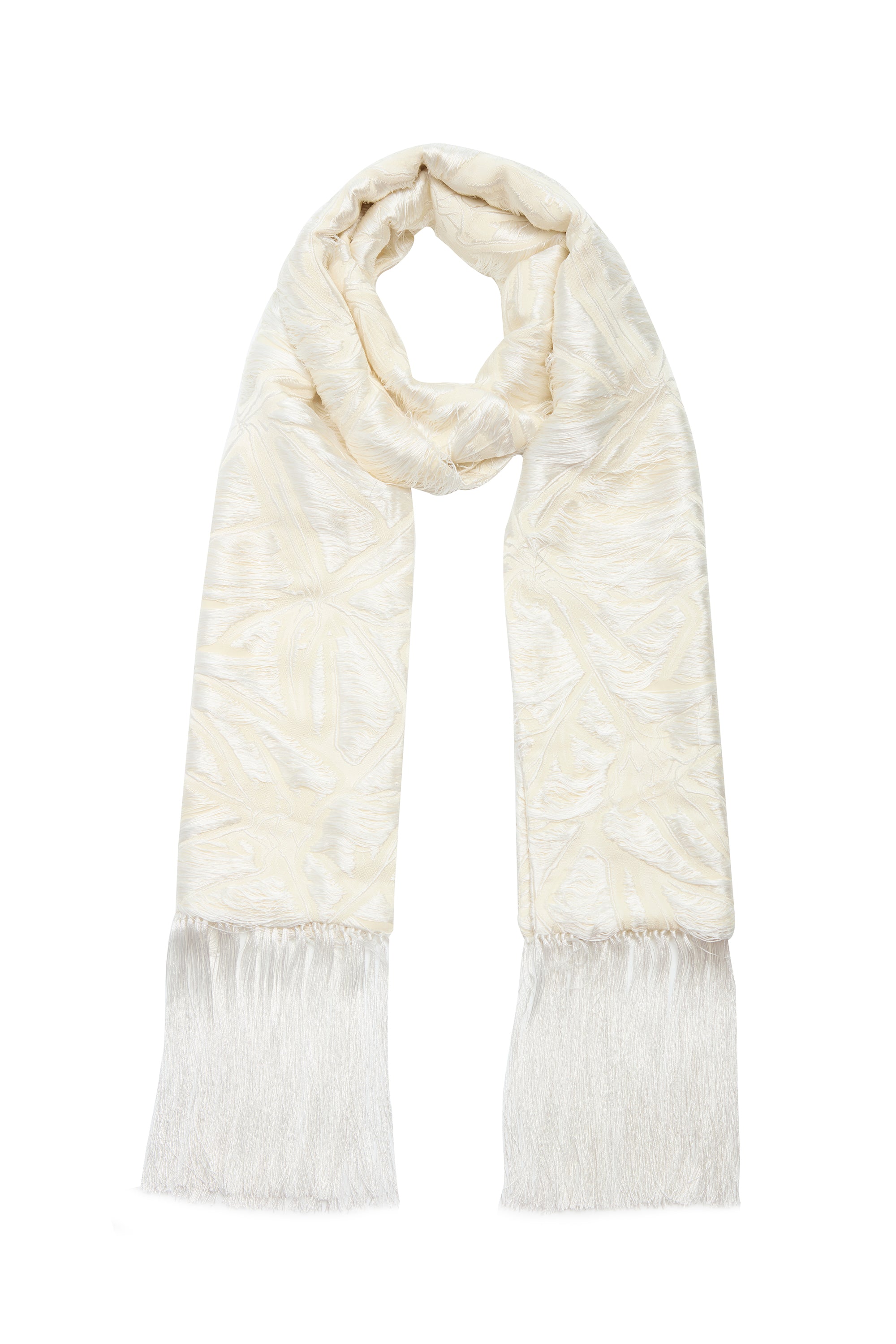 Blaine Fringe Scarf in Ivory - Premium Silk & Virgin Wool Jacquard Wrap for Women | Perfect for Fall Fashion, Office Wear & Evening Outfits