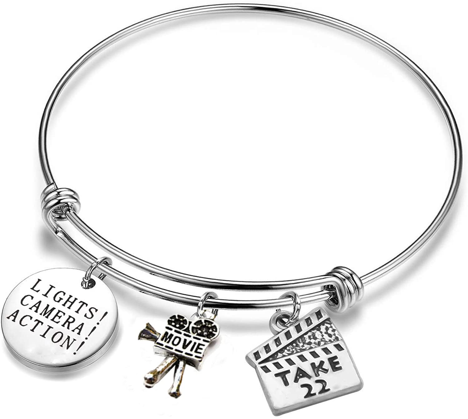 SEIRAA Director's Gift Bracelet - Lights Camera Action Charm Bangle for Actors & Movie Makers - Perfect for Film Premieres, Wrap Parties & Hollywood-Themed Events