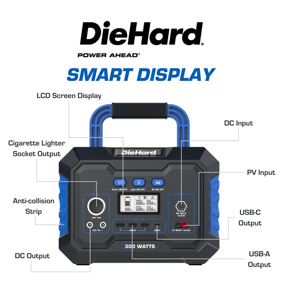 DieHard 300W Portable Power Station (600W Peak) 288.6Wh Solar Generator - Home Backup, Emergency Power Supply, Outdoor Camping, RV Trips & Jobsite Use - Optional Solar Panel Compatible for Off-Grid Power