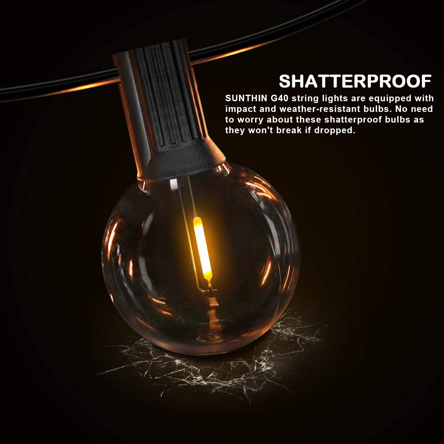 SUNTHIN 48FT Outdoor String Lights with 25 G40 Shatterproof LED Bulbs (1 Spare Included) - Waterproof Hanging Lights for Backyard, Patio, Porch, Deck, Garden & Party Decorations - Perfect for Outdoor Gatherings, Weddings, and Evening Ambiance