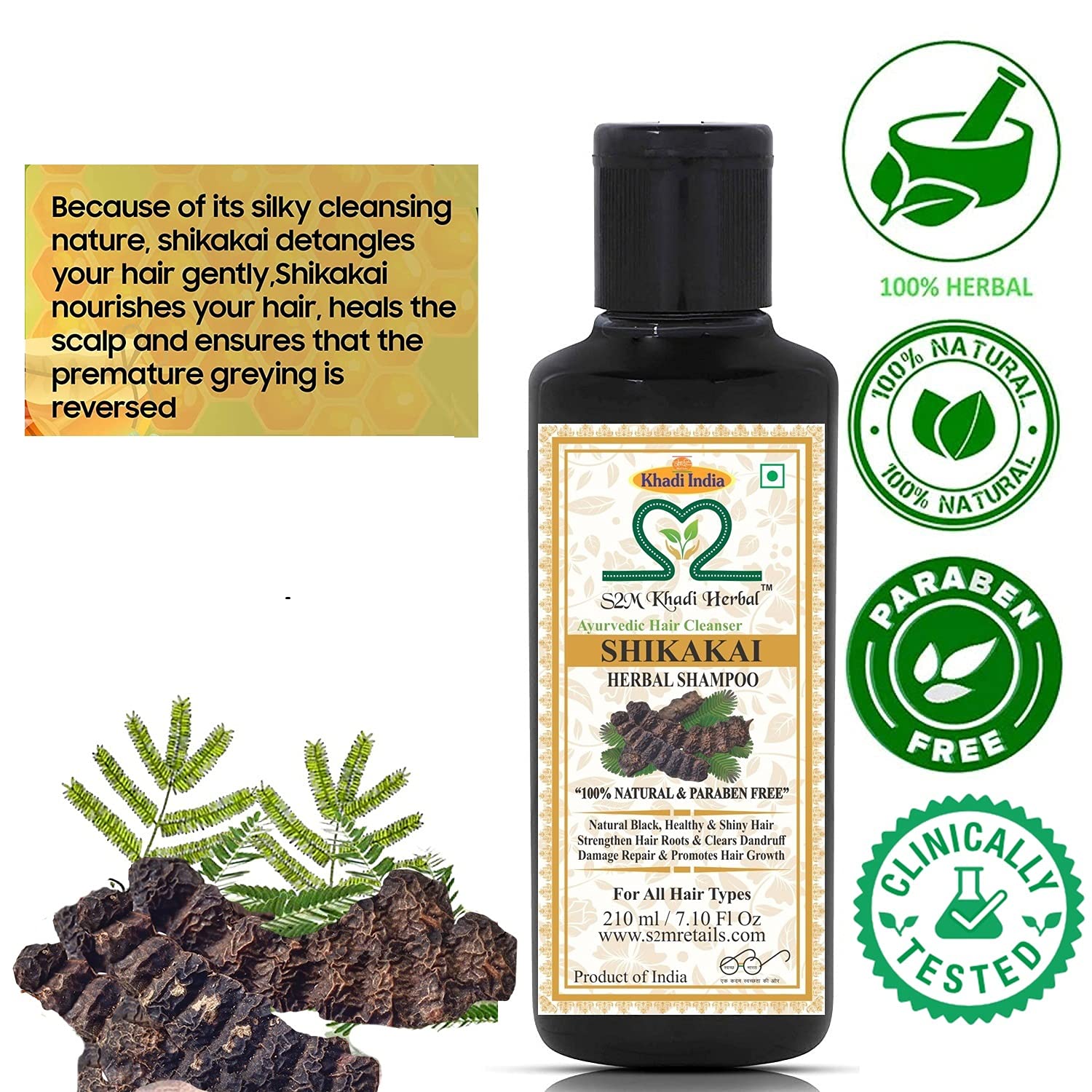 **S2M Khadi Herbal Ayurvedic Hair Care Kit - Shikakai Shampoo & Green Tea Aloe Vera Conditioner (210ml Each) | Natural Hair Growth, Dandruff Control | Perfect for Dry, Damaged & Frizzy Hair**