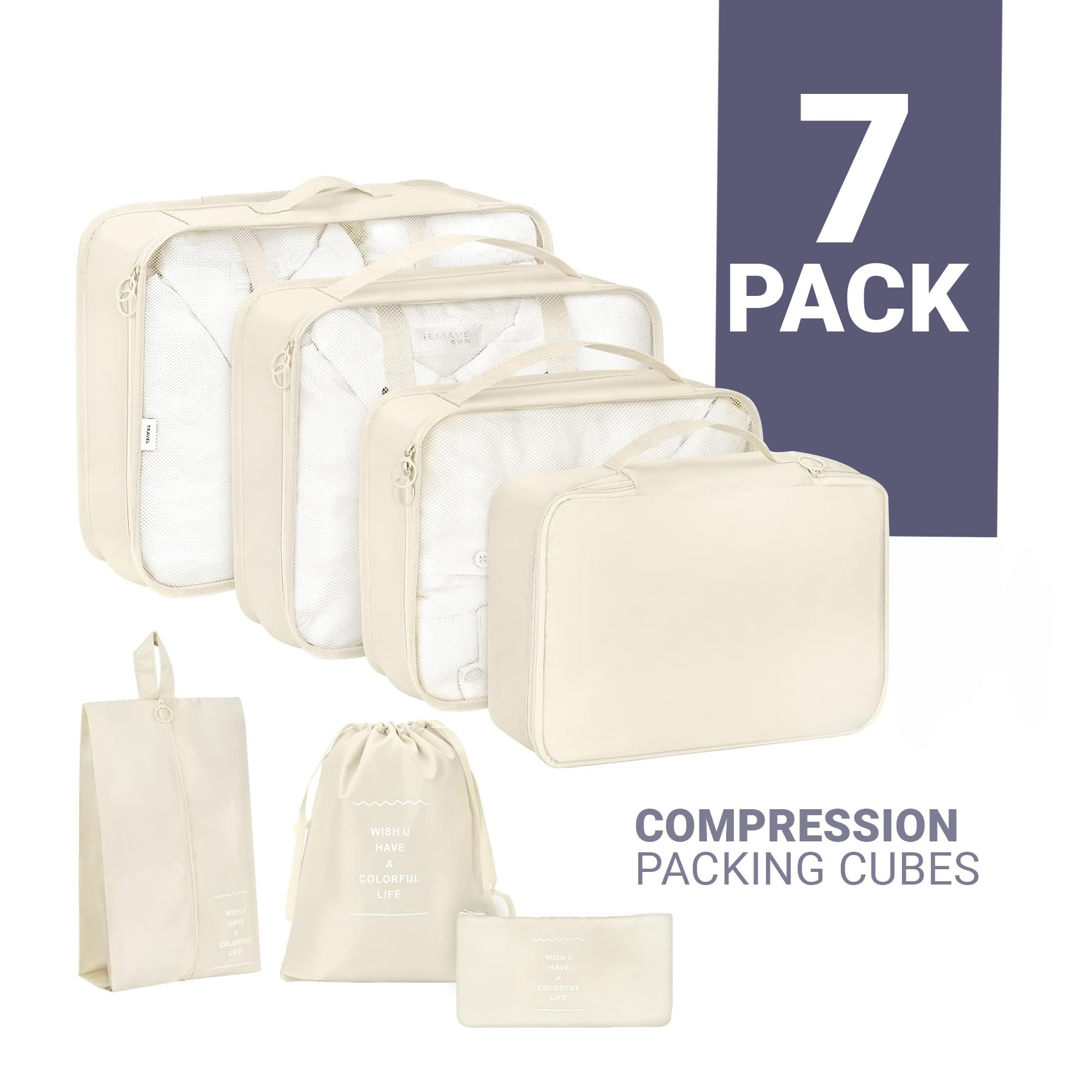 RORMI 7-Piece Packing Cubes Set with Zipper - Travel Luggage Organizer for Clothes, Shoes & Laundry Bags (Beige) | Perfect for Business Trips, Vacations & Weekend Getaways