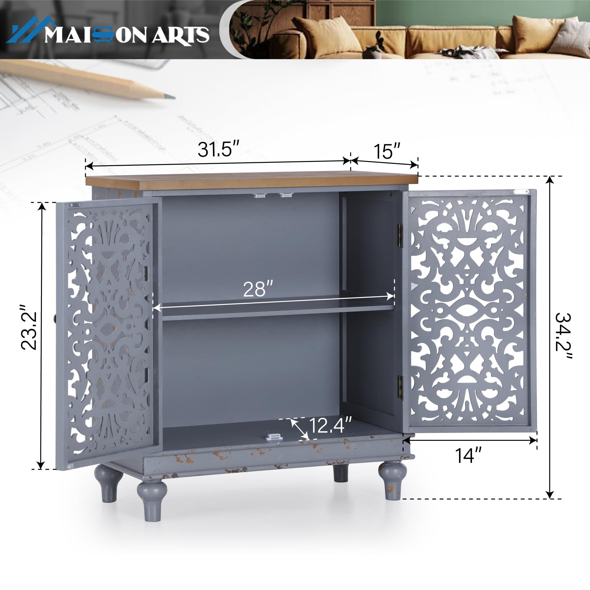 MAISON ARTS Distressed Grey Farmhouse Accent Cabinet with Hollow Carved Doors - Rustic Storage Cabinet for Entryway, Living Room & Bedroom Decor | Perfect for Home Organization & Farmhouse Style Decorating