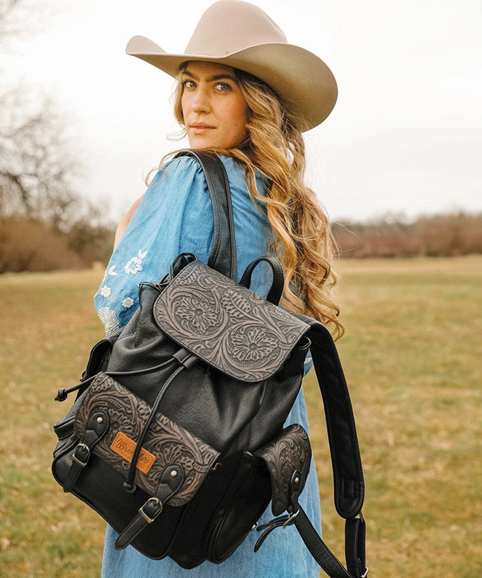 Wrangler Floral Tooled Concealed Carry Backpack for Women & Men - Tactical EDC Hiking Daypack with Hidden Gun Pocket - Perfect for Outdoor Adventures, Travel & Everyday Use