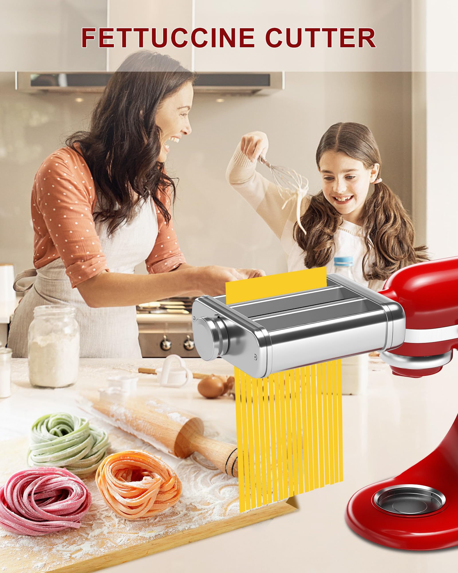 3-in-1 Pasta Maker Attachment for KitchenAid Stand Mixers - Includes Pasta Roller, Spaghetti & Fettuccine Cutters with Cleaning Brush - Perfect for Homemade Italian Pasta, Lasagna & Noodle Making