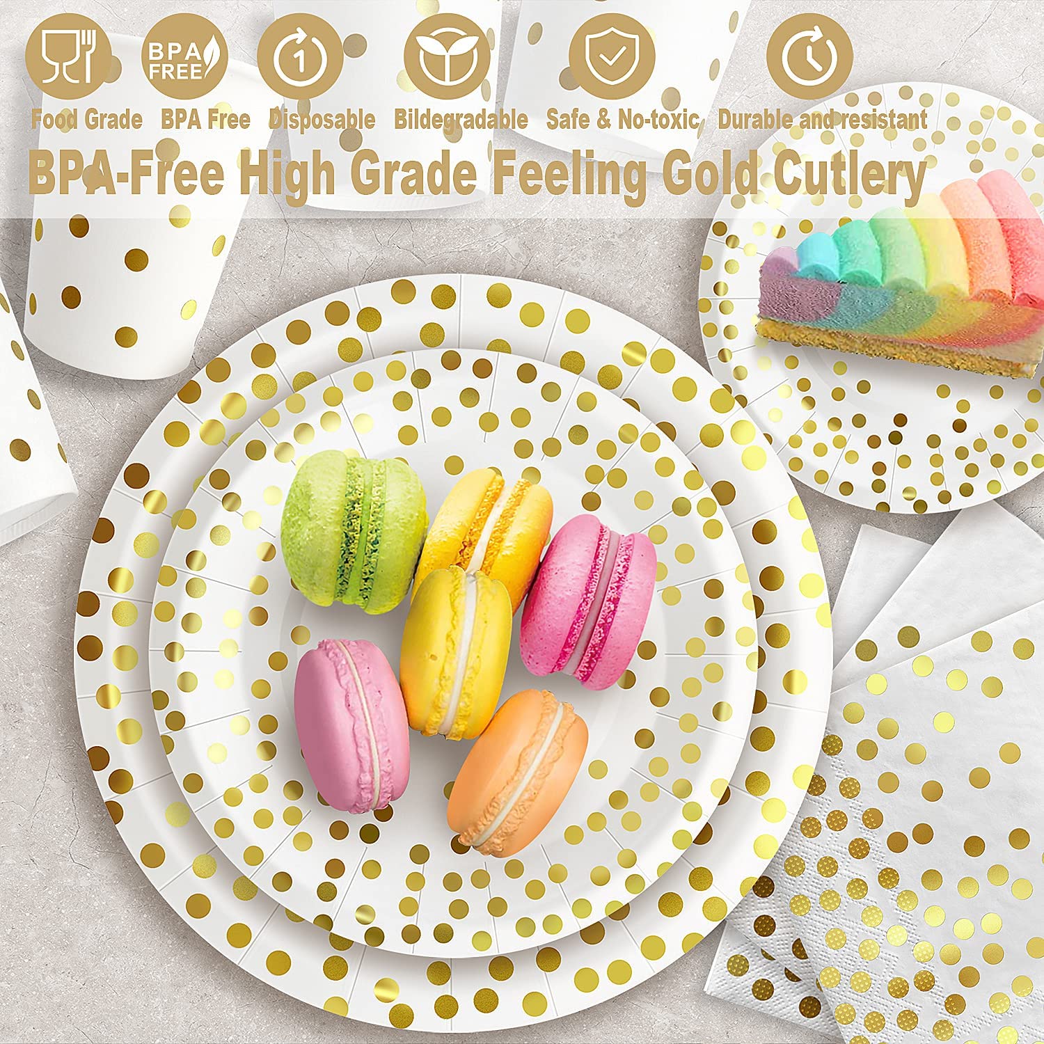 175PCS White and Gold Party Supplies Set - Disposable Dinnerware for 25 Guests with Gold Plastic Cutlery, Golden Dot Paper Plates, White Napkins & Cups - Perfect for Graduation, Birthday, Wedding Celebrations (Elegant Table Setting for Special Occasions)