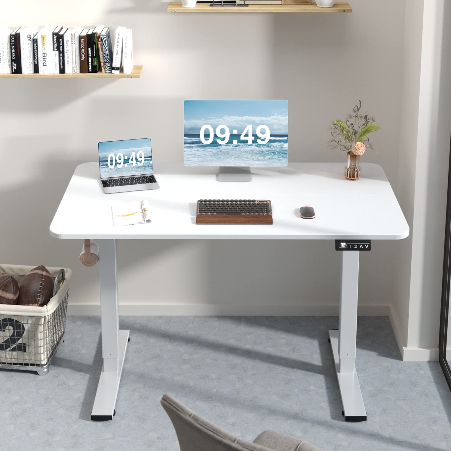 Furmax 48 x 24 Inches Electric Height Adjustable Standing Desk - Memory Preset Sit Stand Desk with T-Shaped Metal Bracket, White - Perfect for Home Office, Gaming & Workspace Ergonomics