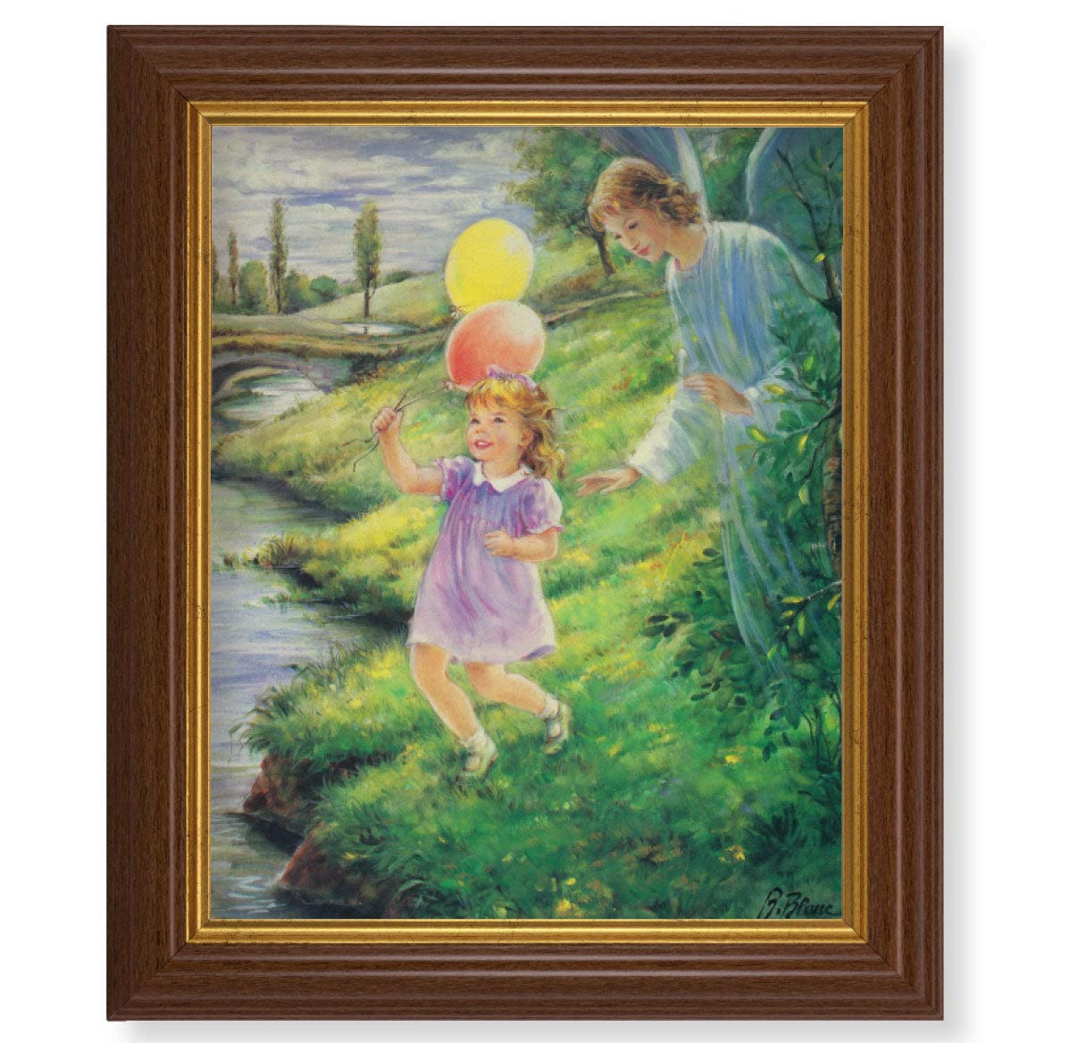 Guardian Angel with Girl Picture Framed Wall Art - Large Traditional Dark Walnut Fluted Frame with Gold Beaded Edge - Religious Home Decor for Living Room, Bedroom & Nursery