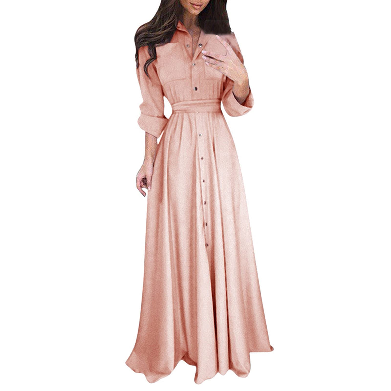 Women's Maxi Dress Button Up Long Sleeve V Neck Belted Shirt Dress - Elegant Party Cocktail & Fall Formal Wear for Weddings, Office & Evening Events