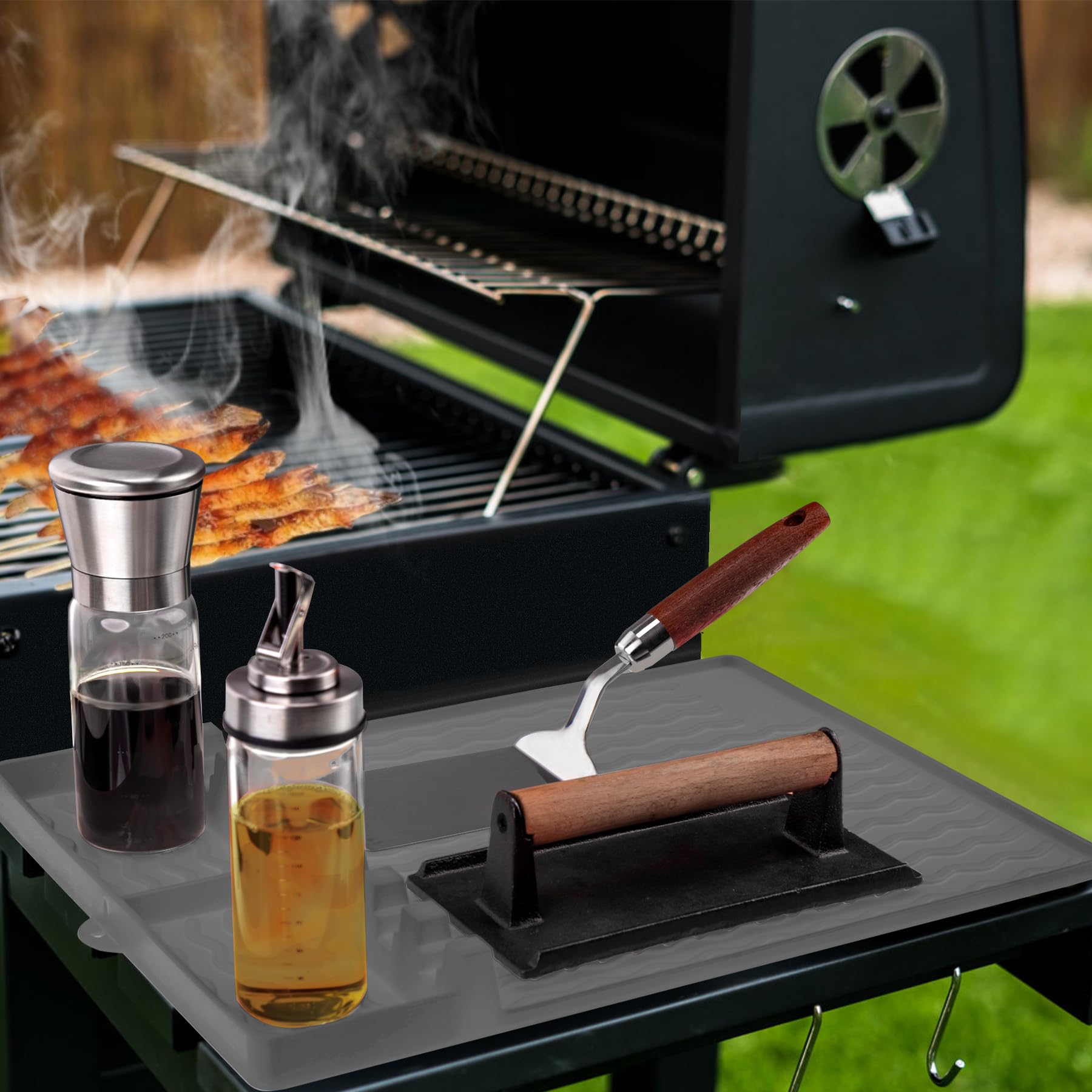 Premium Silicone Griddle Tools Mat for Blackstone Griddles - Large Non-Slip Spatula Holder with Drip Tray - Heat-Resistant Kitchen Countertop Organizer & BBQ Utensil Caddy (Gray) - Perfect for Outdoor Cooking, Backyard Grilling, and Camping Trips