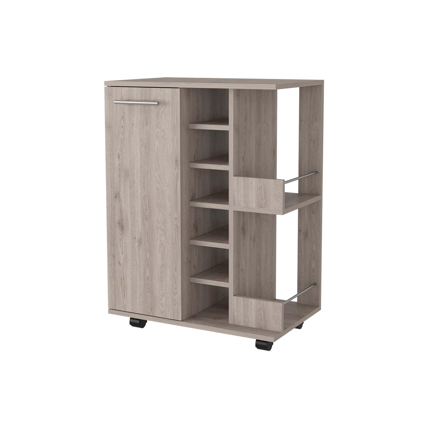 **29-Inch Tall Light Gray Bar Cart with Cabinet, 6 Cubbies & 2 Shelves - Perfect for Home Bar, Kitchen Storage & Living Room Organization**