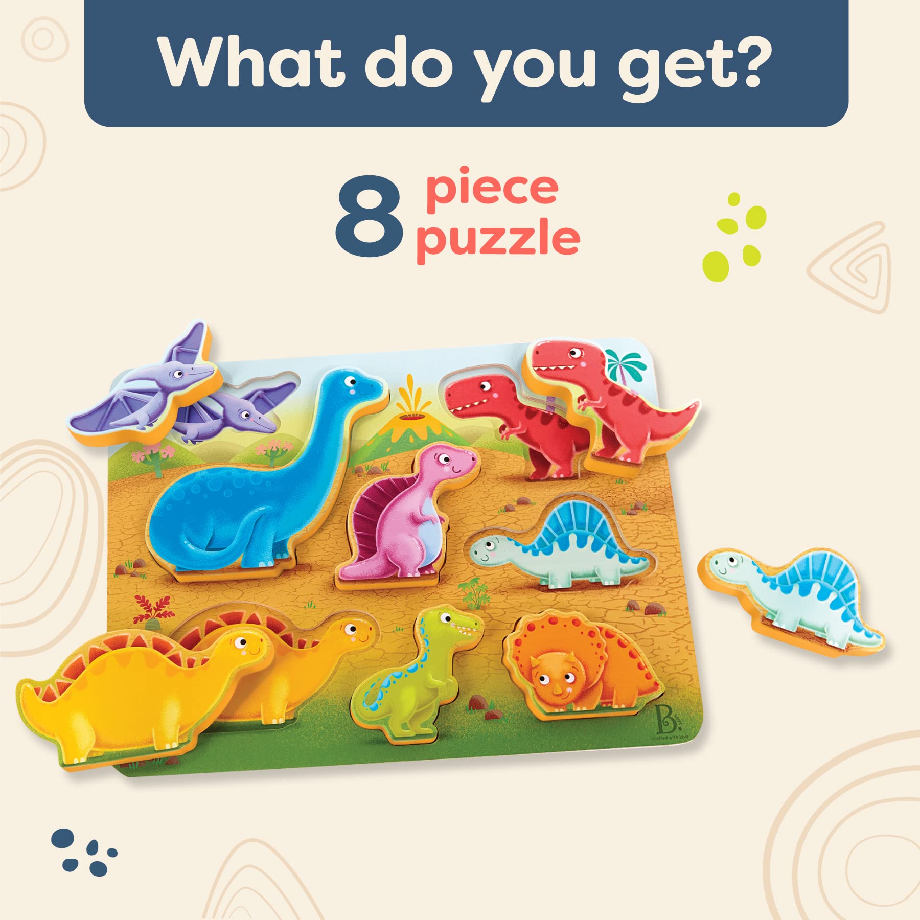 B. Toys Peek & Explore Dinosaur Wooden Puzzle - Chunky Toddler Puzzle for Kids Ages 2+ | Educational Developmental Toy for Fine Motor Skills | Dinosaur Theme Playroom & Preschool Learning Activity