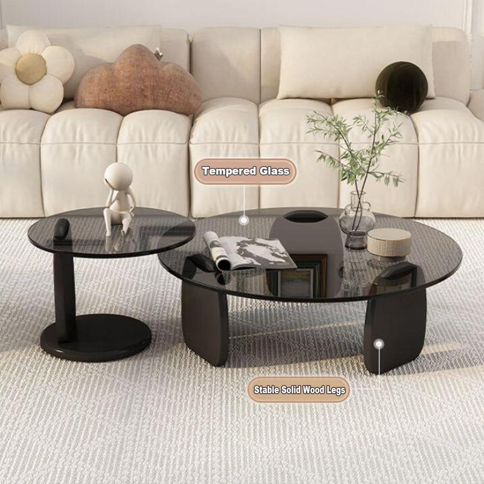 HM&DX Modern Round Coffee Table with Tempered Glass Top & Wood Frame - 35