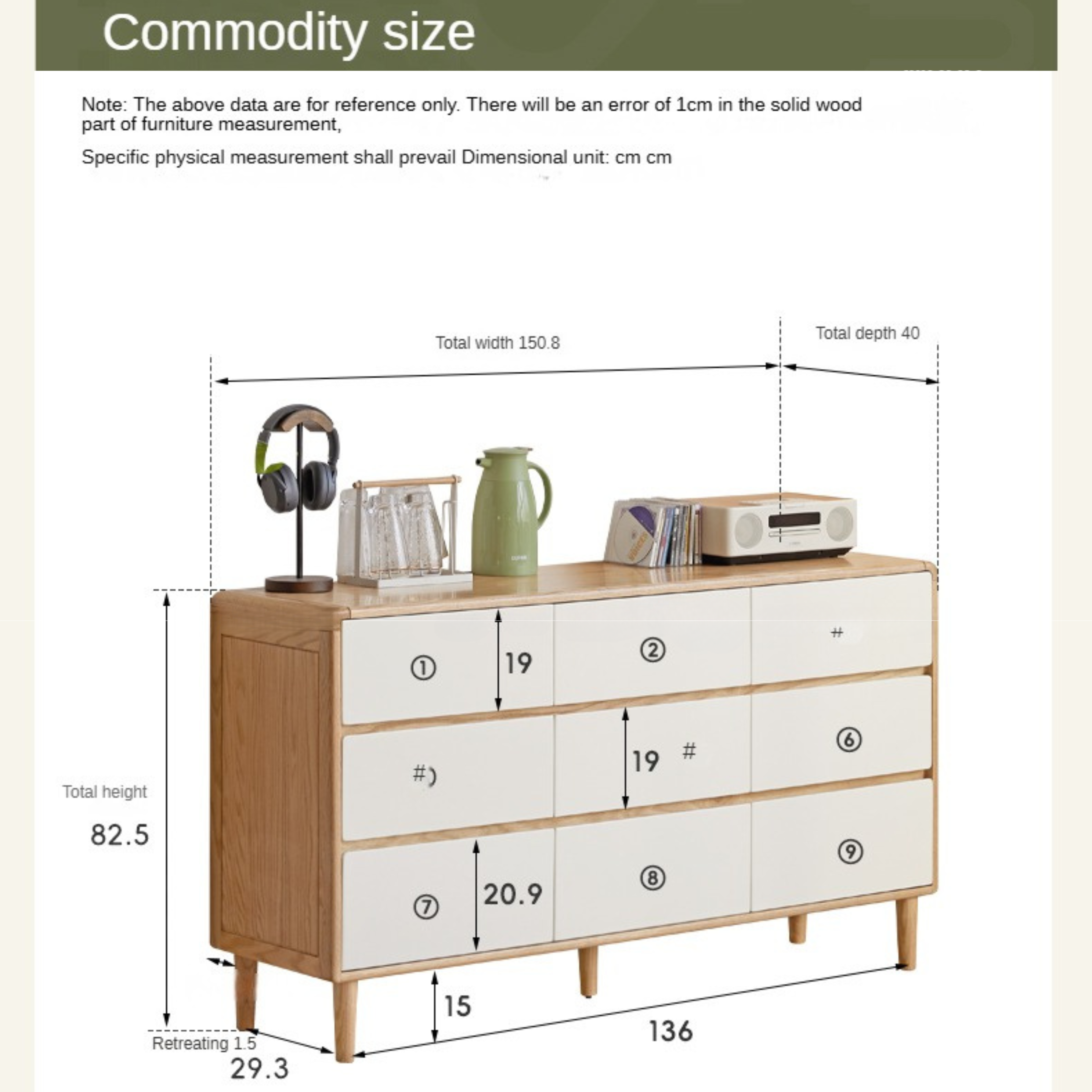 Oak Solid Wood Modern Nine Drawer Cabinet - Stylish Storage Solution for Bedroom, Living Room & Office Organization