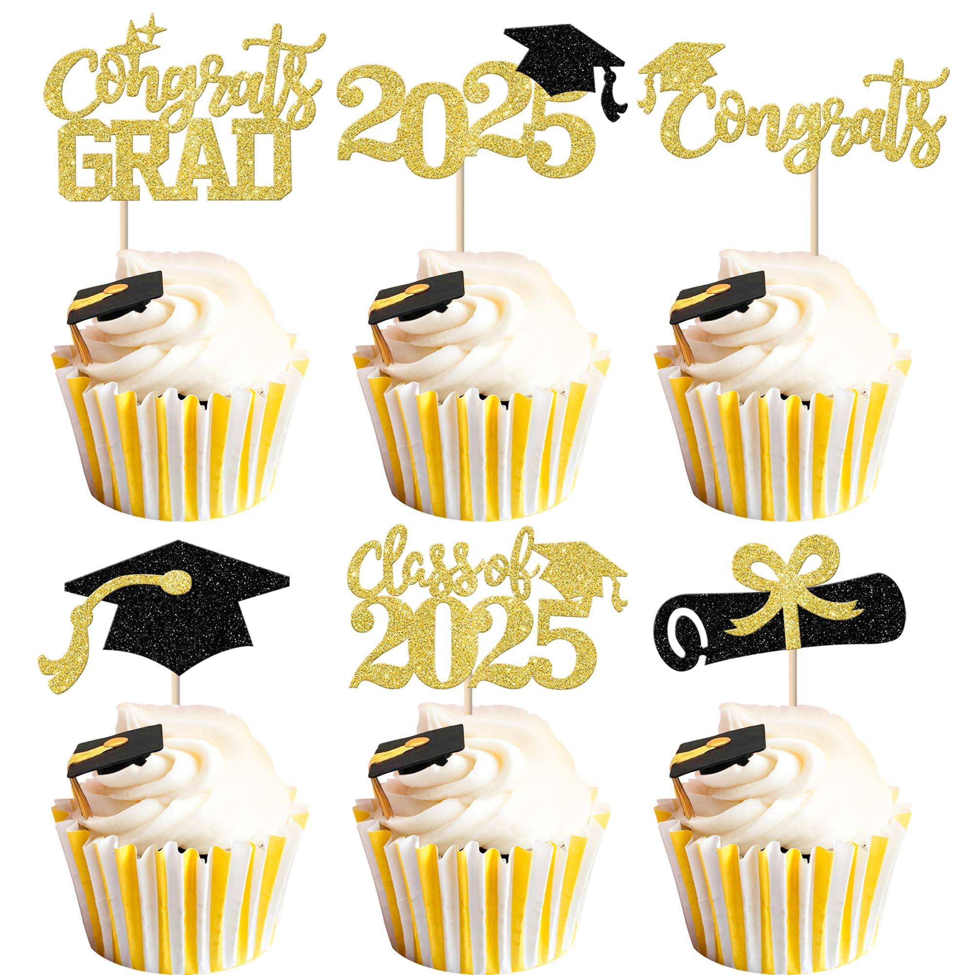 24 Pack 2025 Graduation Cupcake Toppers - Gold Glitter Congrats Grad Class of 2025 Cap & Diploma Cake Decorations - Perfect for Graduation Parties, School Celebrations & Dessert Table Decor