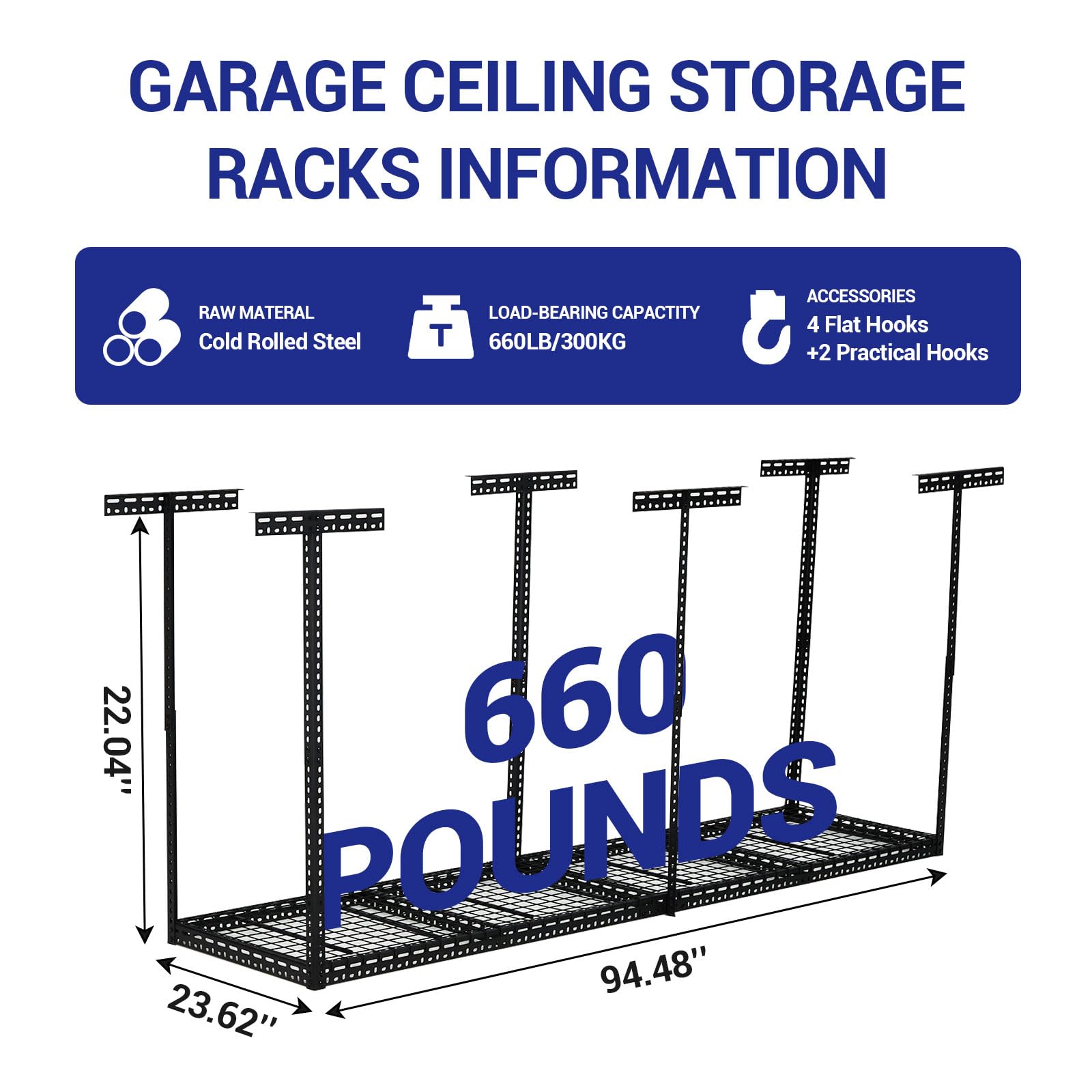 GARVEE 2x8 FT Overhead Garage Storage Rack - Heavy Duty 660lbs Capacity, Adjustable Height (22