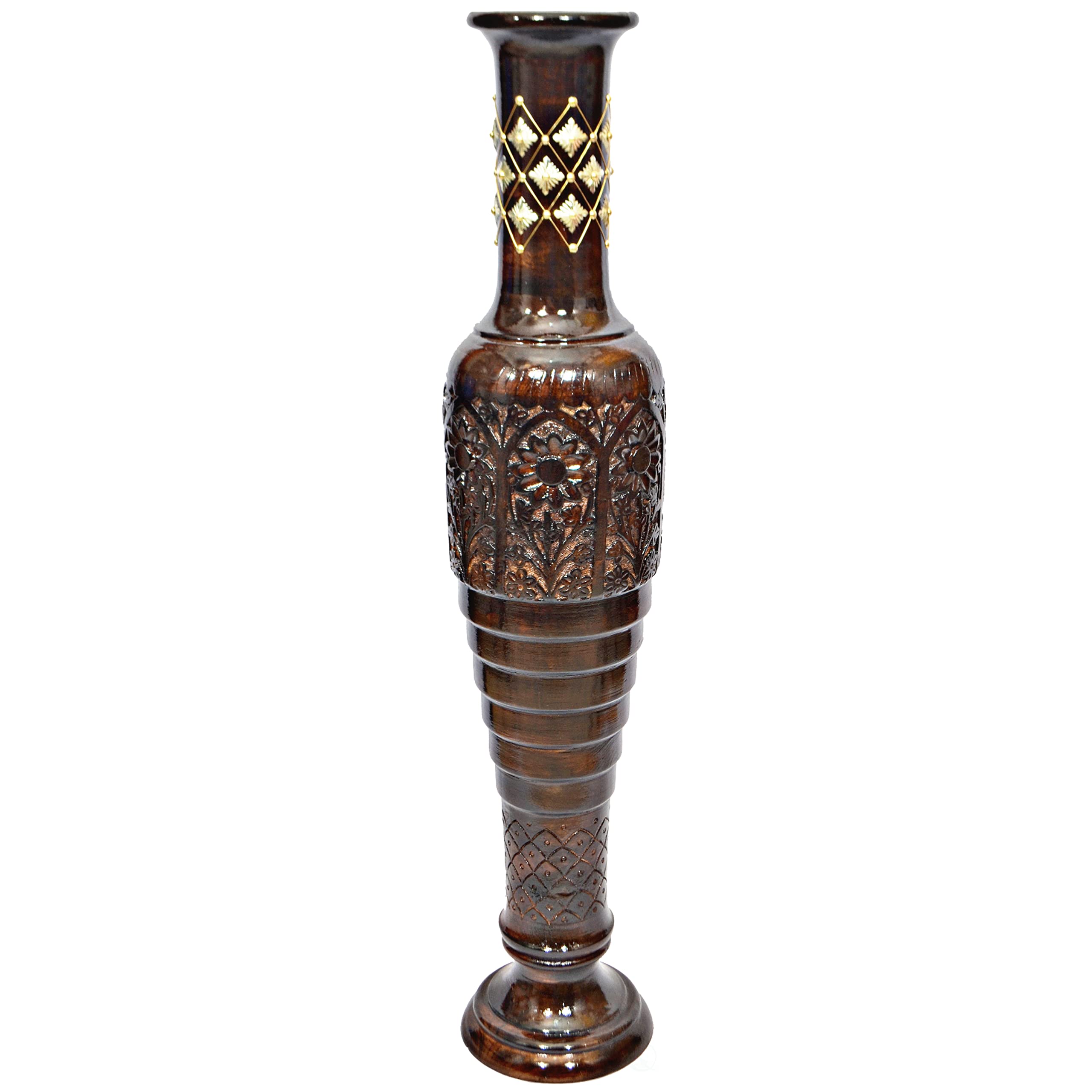 Antique Decorative Hand Carved Brown Mango Wood Floor Vase with Unique Textured Pattern - 37 Inch Tall Flower Vase for Home Decor, Living Room Centerpiece, Wedding & Event Decoration - QI004010