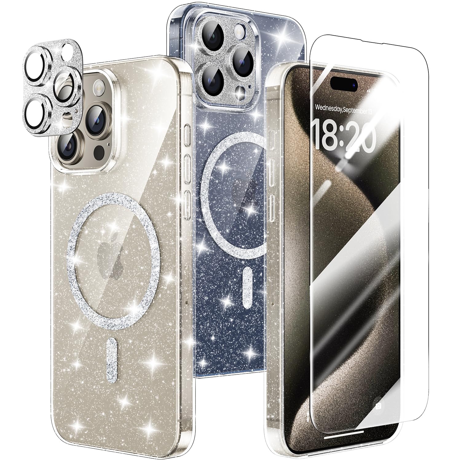 Hoerrye iPhone 15 Pro Max Case for Women - MagSafe Compatible with 2 Tempered Glass & 1 Metal Camera Lens Protector | Clear Glitter Magnetic Protective Cover | Perfect for Everyday Use, Work & Travel